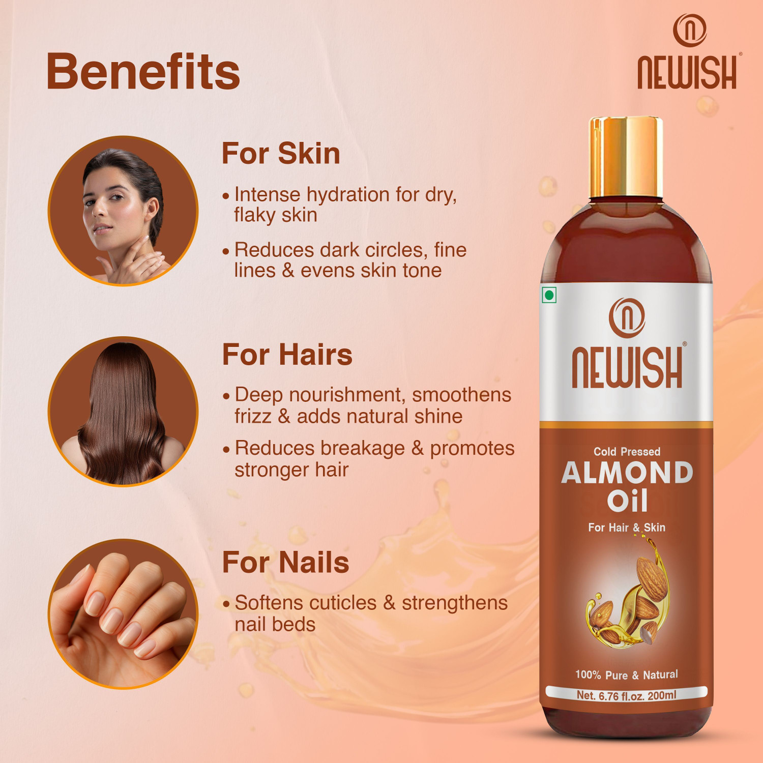 Image of NEWISH Pure Cold Pressed Sweet Almond Oil ( Badam Rogan) for Hair and Skin Hair Oil (400 ml) Hair Oil