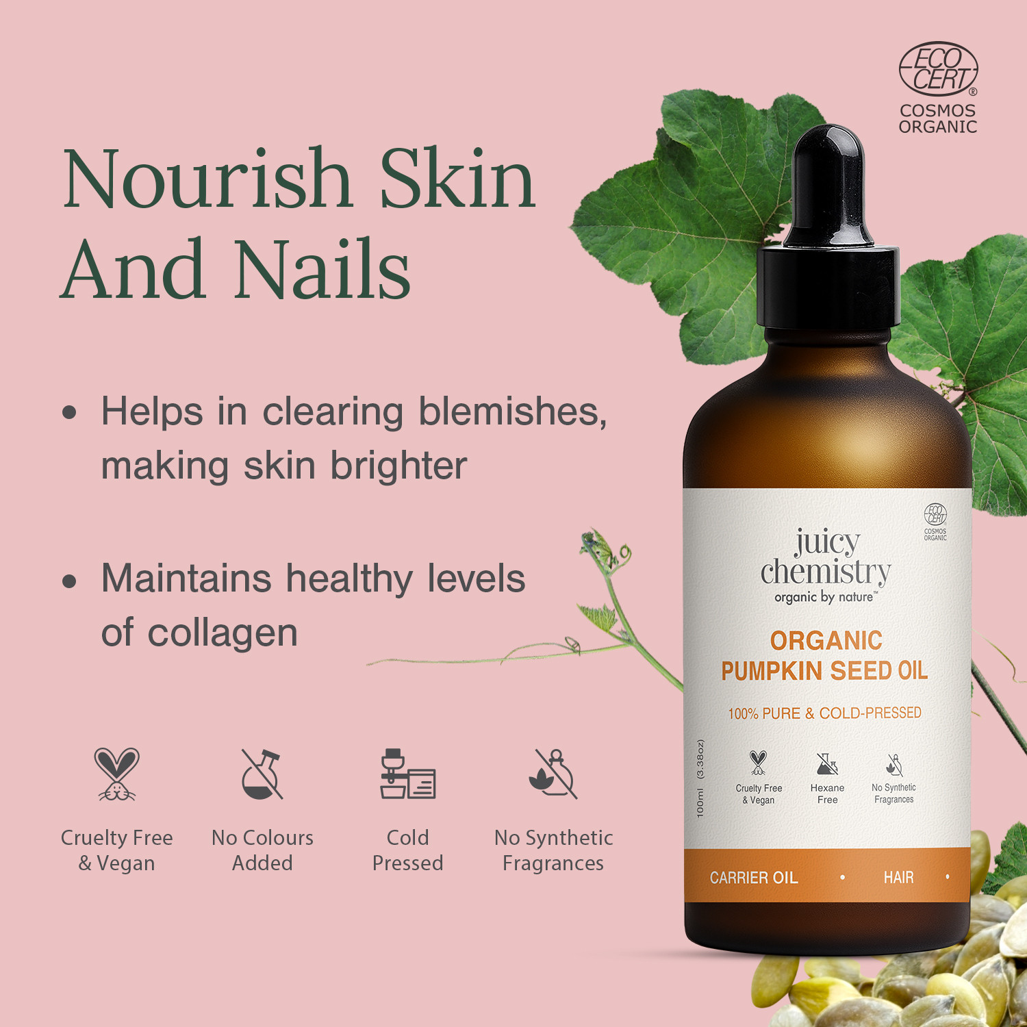 Image of Juicy Chemistry Organic Pumpkin Seed Oil | Cold-Pressed | 100% Pure|Nourishes Skin | Scalp & Hair Oil