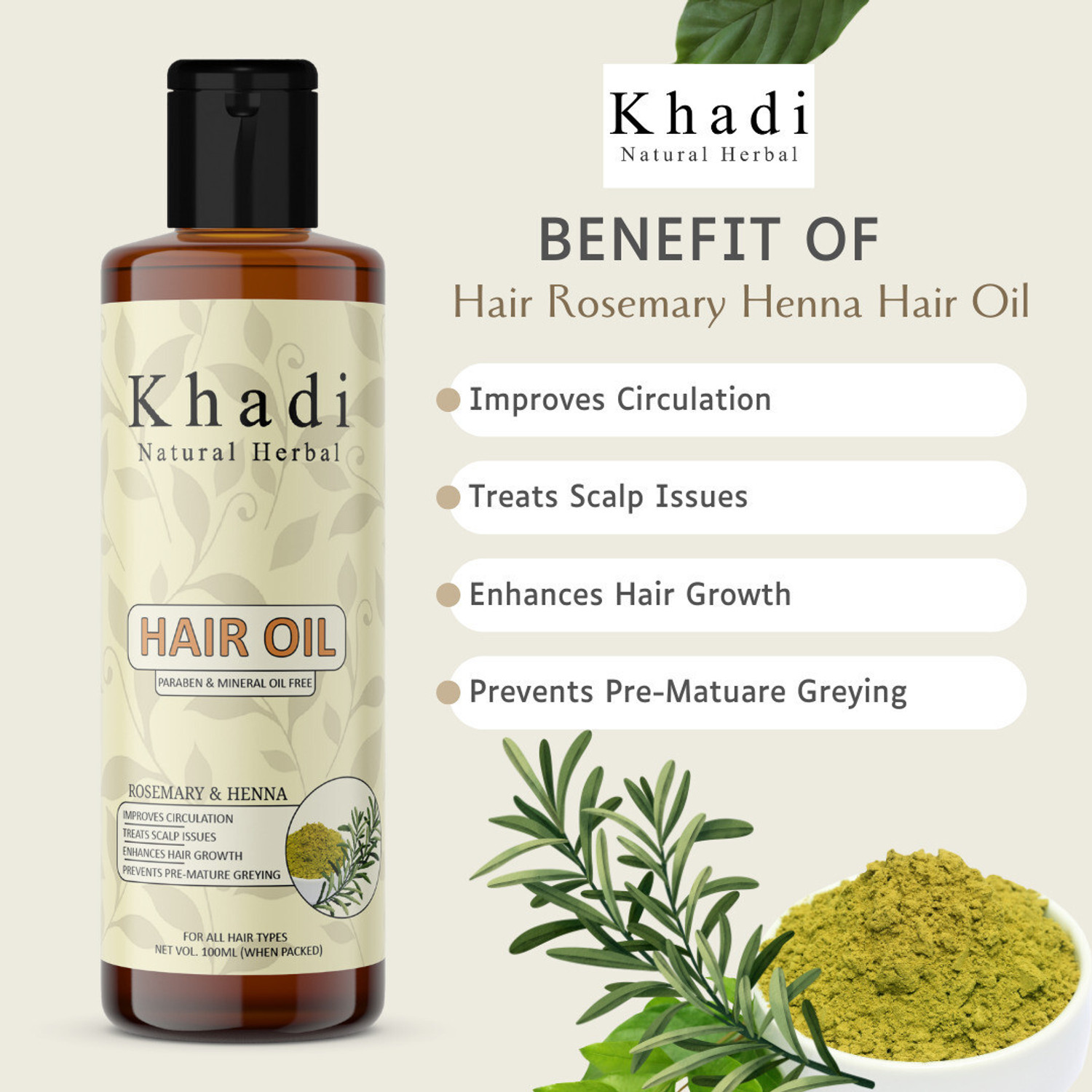 Image of khadi natural herbal Rosemary & Henna Hair Oil For Hair Growth | Prevents Pre-Mature Greying Enhances Hair Oil