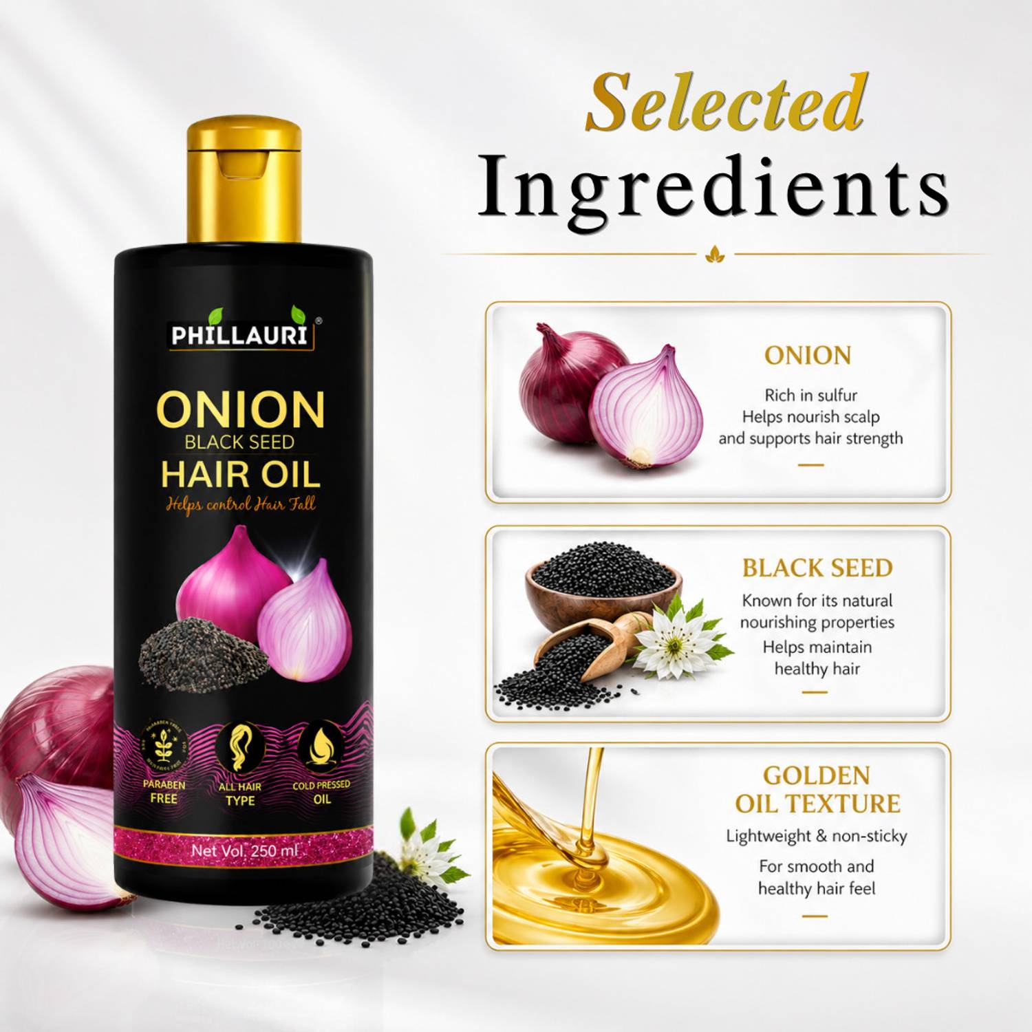 Phillauri Onion Hair Oil with Black Seed, 100 ml - Image 3