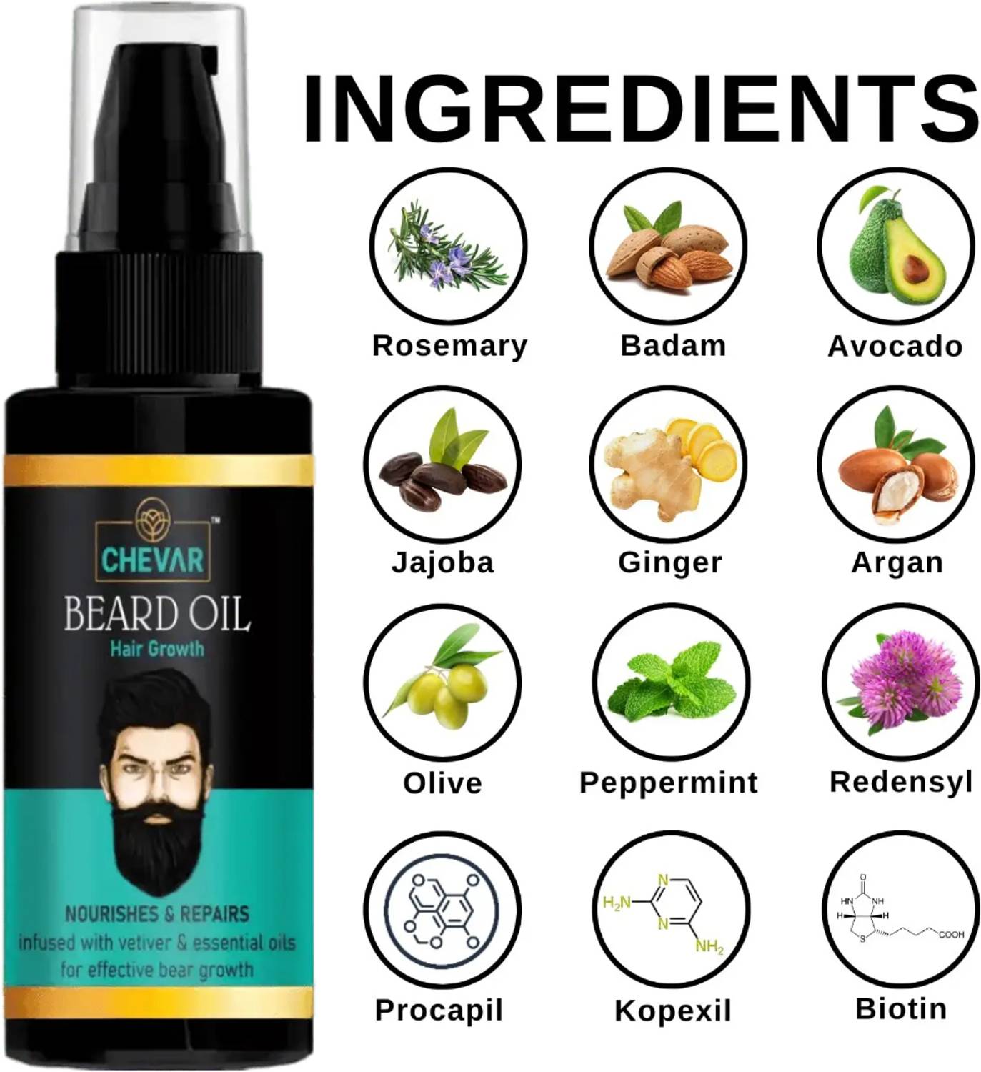 Chevar Beard Growth Oil - More Beard Growth, With Redensyl, 8 Nat... more