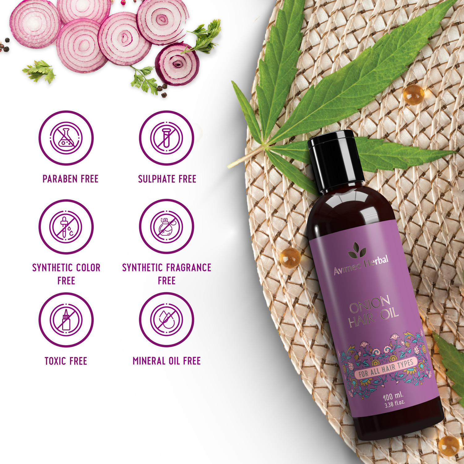 Image of Avimee Herbal Pure Onion Hair Oil for Regrowth and Hairfall Control with Natural Onion Extract Hair Oil