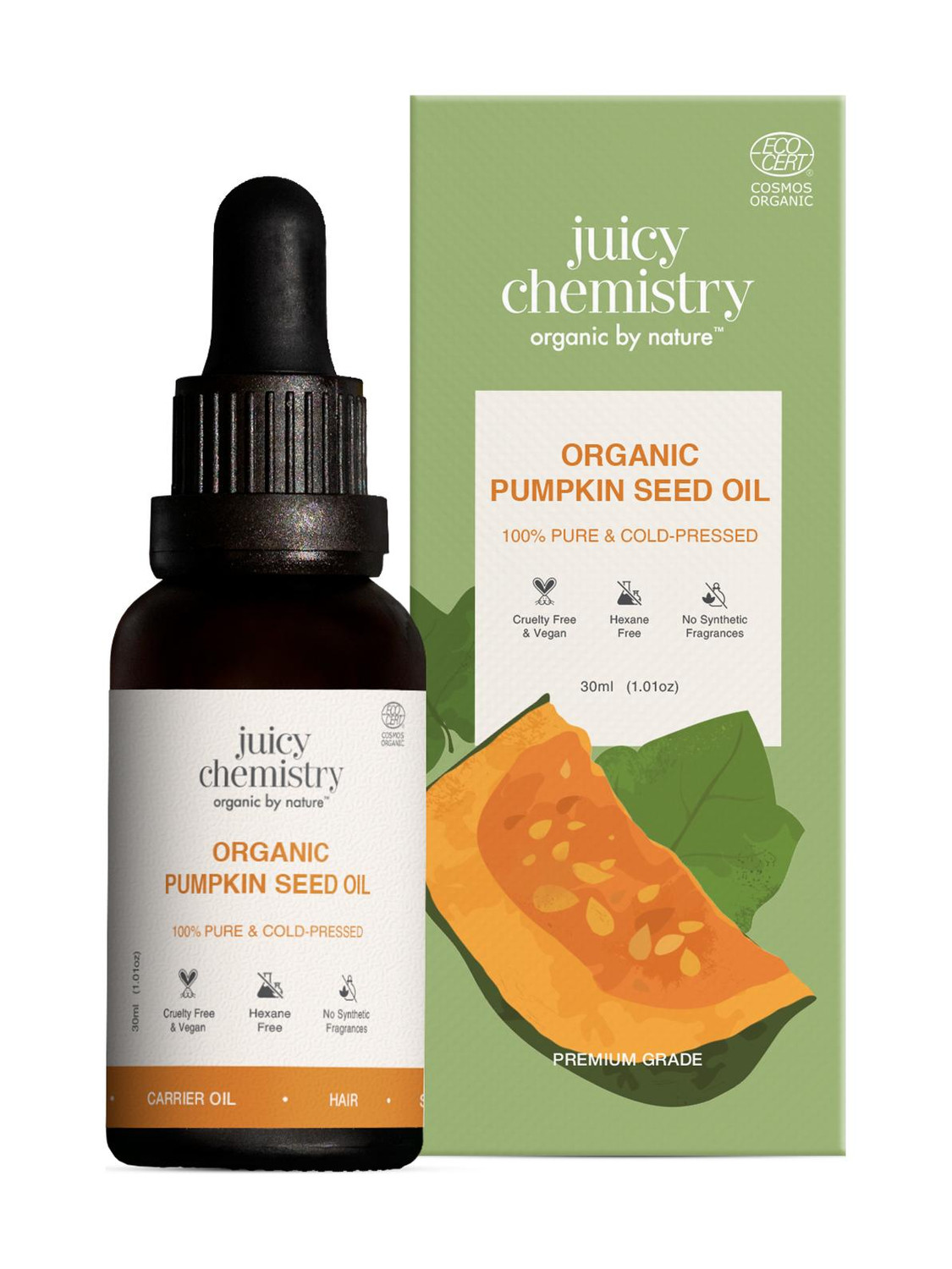 Image of Juicy Chemistry Organic Pumpkin Seed Oil | Cold-Pressed | 100% Pure|Nourishes Skin | Scalp & Hair Oil
