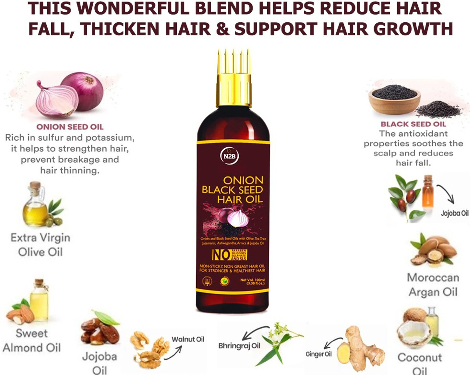 Image of N2B Onion Black Seed Hair Oil - WITH COMB APPLICATOR - Controls Hair Fall Hair Oil