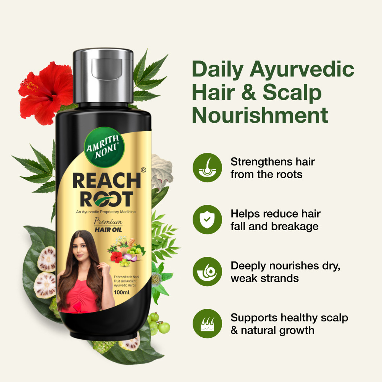 Image of AMRITH NONI Reach Root Premium Hair Oil 100ML - (Pack of 3*100ml) Hair Oil