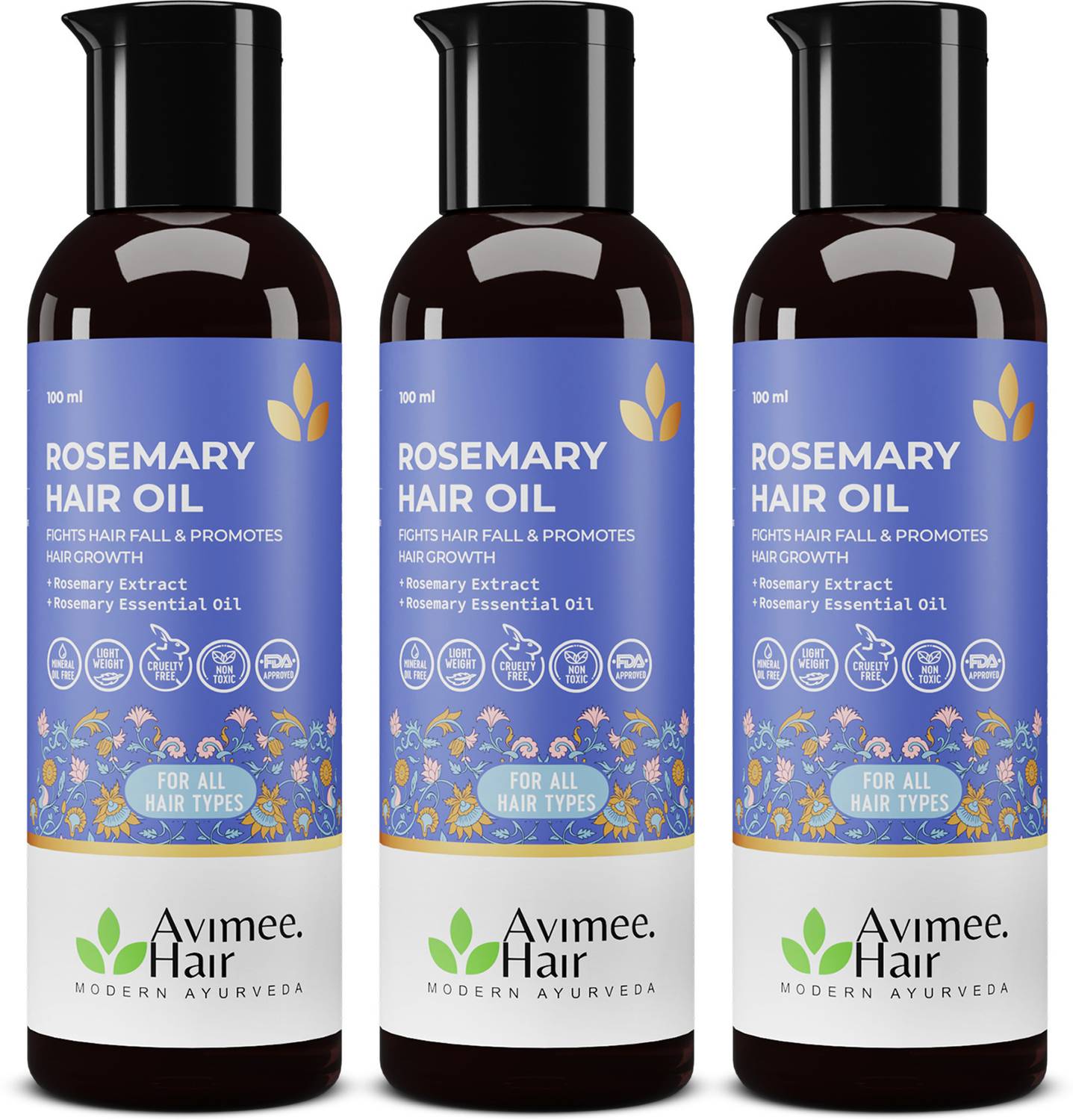 Avimee Herbal Rosemary | Growth, Strengthen | Fights Dandruff | Neem, Amla | 3*100mL Hair Oil
