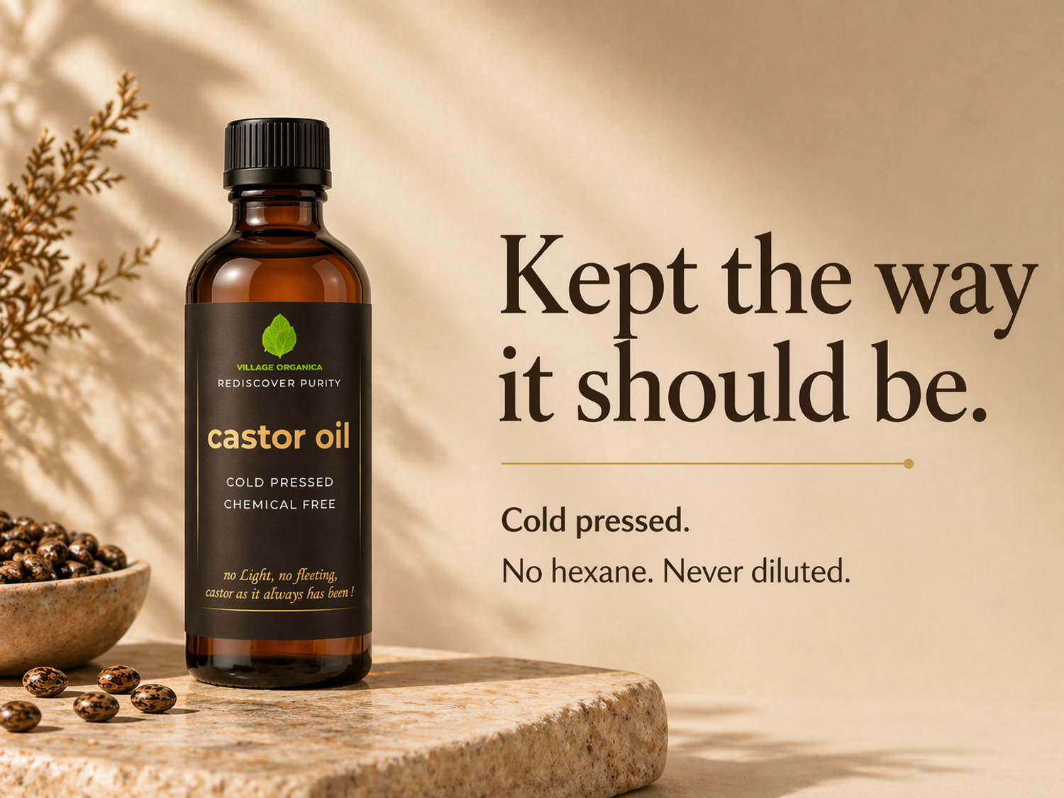 Image of Village Organica Cold Pressed Castor Oil | 100% Pure, Natural & Unadulterated | For Hair treatment & Hair Growth | For Skin | Moisturiser for Dry Skin | For Eyelashes and Eyebrows | Hair Oil