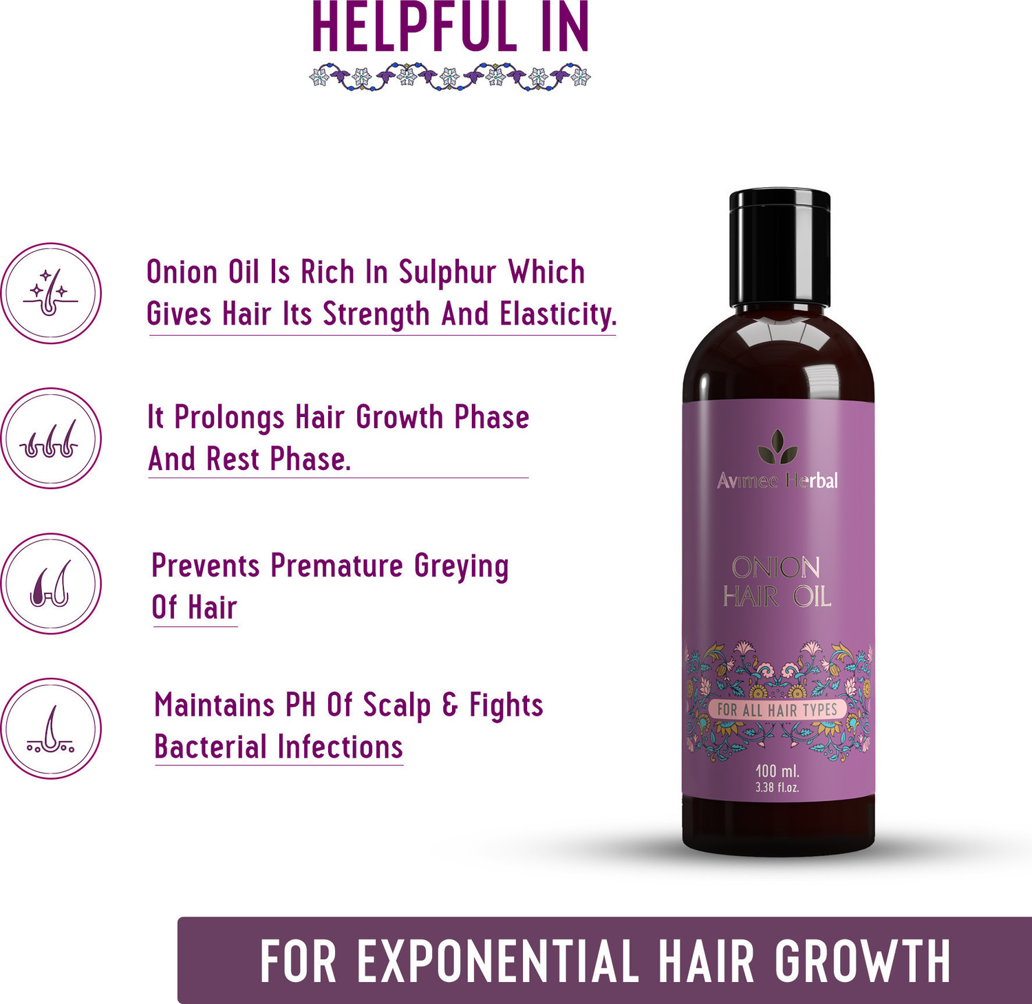 Image of Avimee Herbal Pure Onion Hair Oil for Regrowth and Hairfall Control with Natural Onion Extract Hair Oil