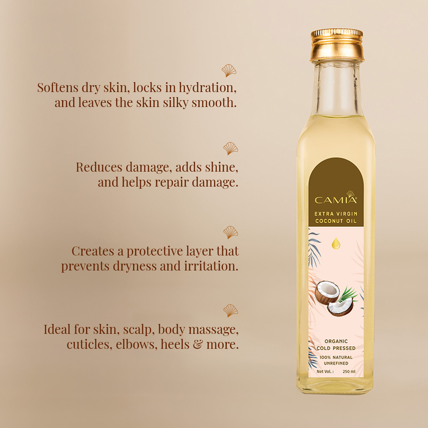 Image of CAMIA 100% Pure, Unrefined, Organic Extra Virgin Cold Pressed Coconut Oil for beauty Hair Oil