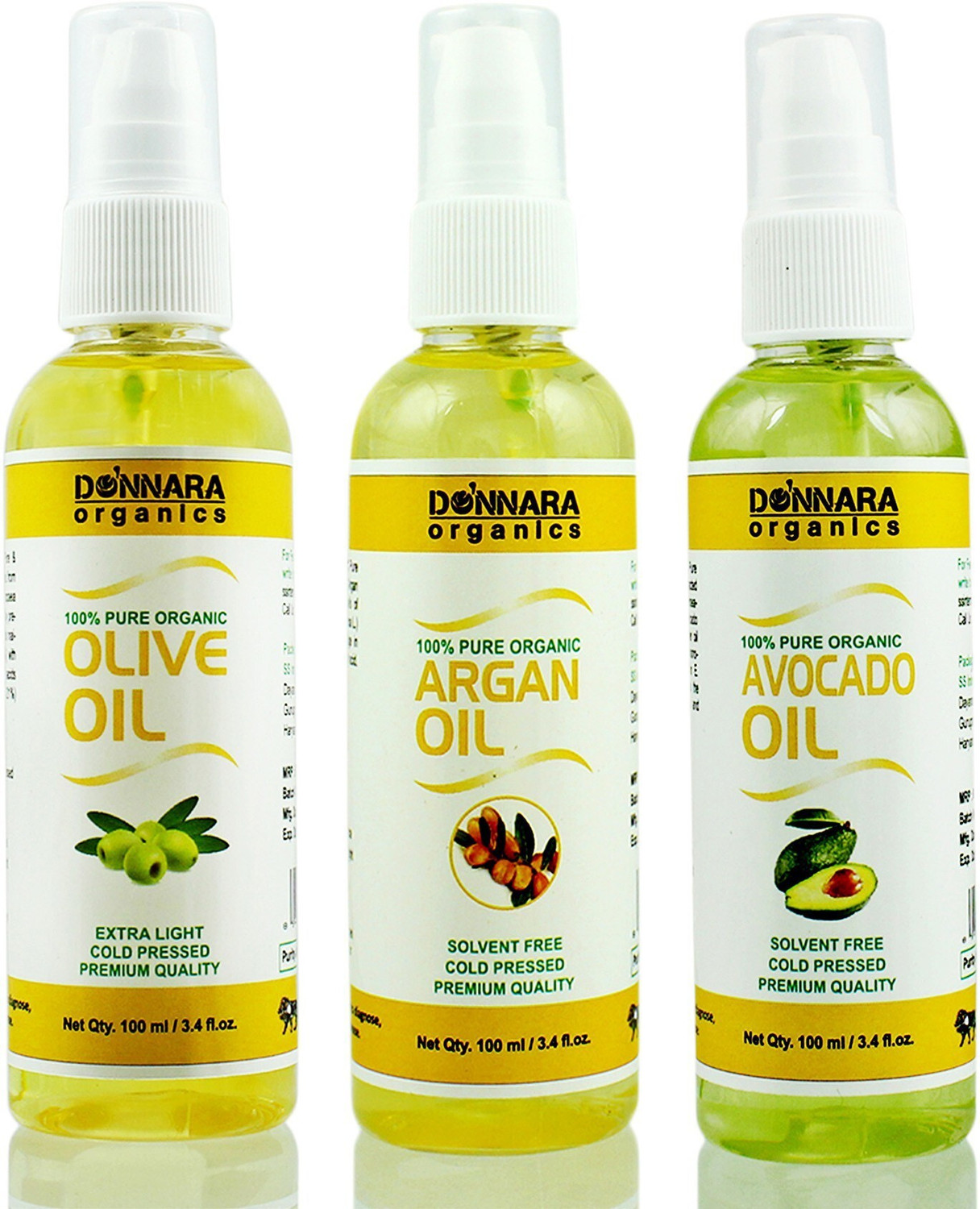 Image of DONNARA organics Premium Olive oil, Argan oil & Avocado oil Combo pack of 3 bottles of 100ml(300 ml) Hair Oil