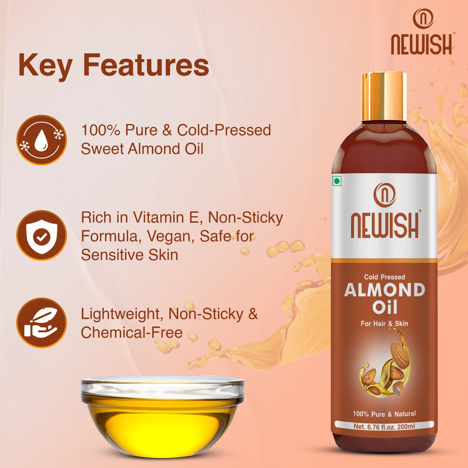 Image of NEWISH Pure Cold Pressed Sweet Almond Oil ( Badam Rogan) for Hair and Skin Hair Oil (400 ml) Hair Oil