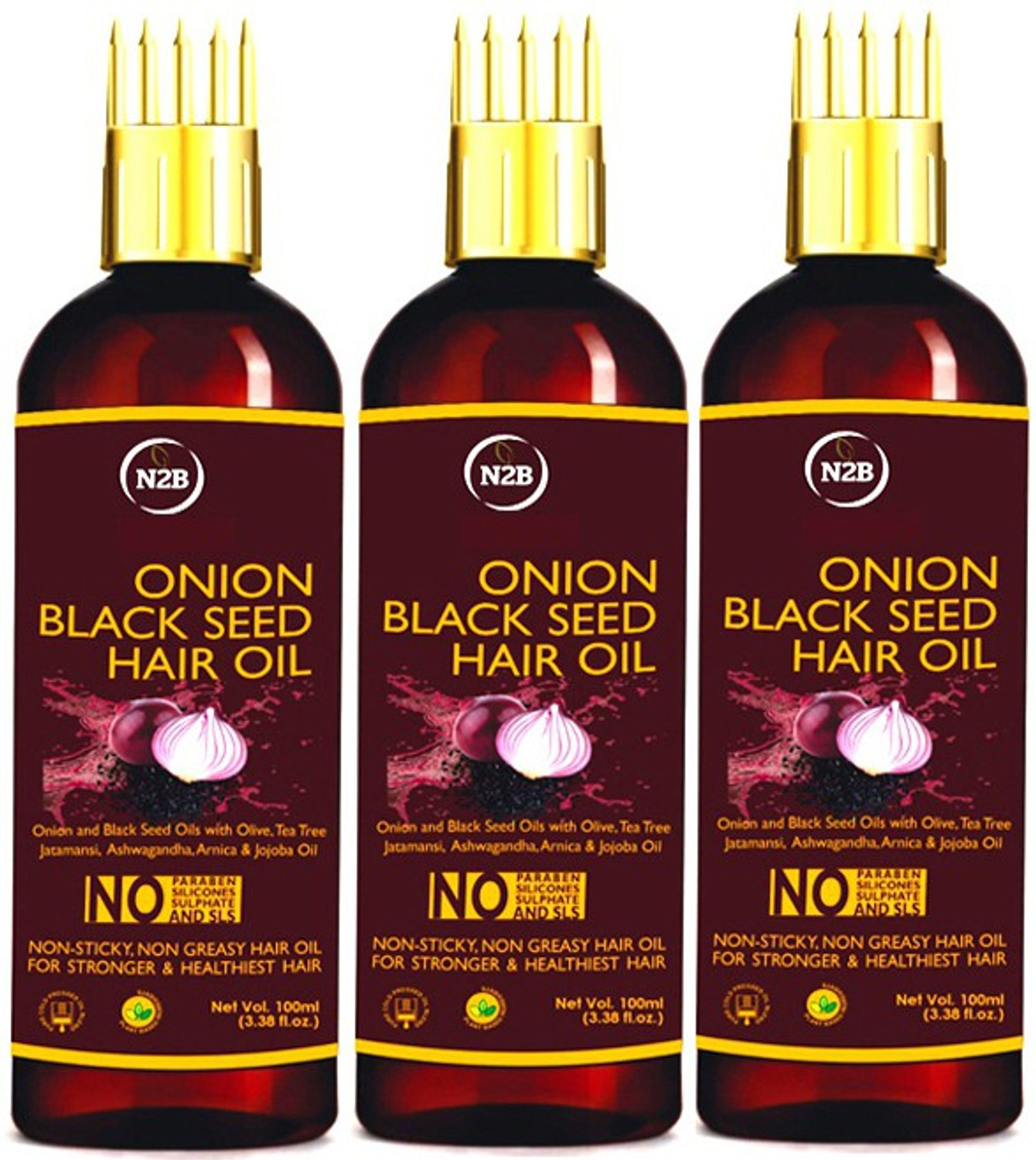 Image of N2B Onion Black Seed Hair Oil - WITH COMB APPLICATOR - Controls Hair Fall Hair Oil
