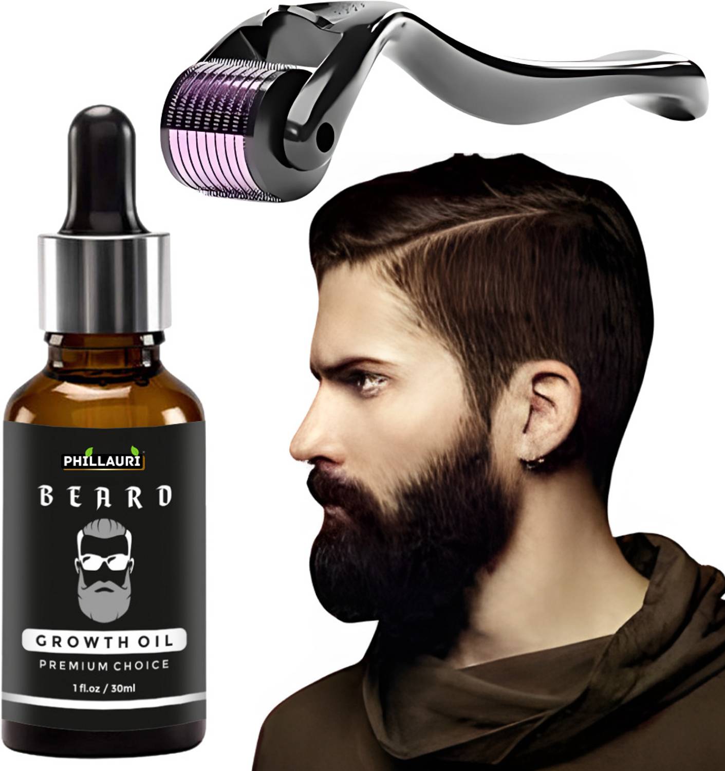 Phillauri Beard & Moustache Hair Oil With Derma Roller - Image 1