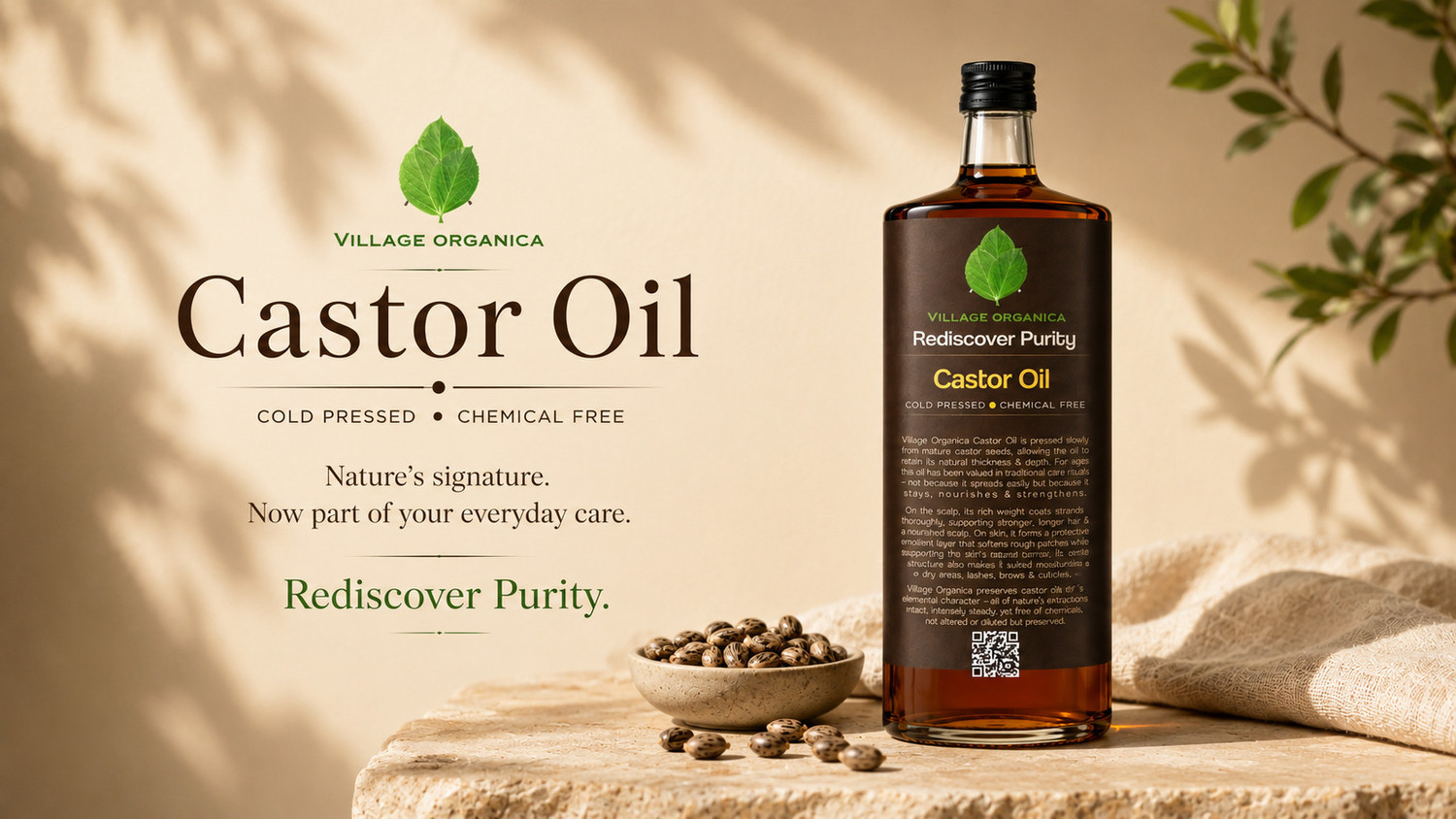 Image of Village Organica Cold Pressed Castor Oil | 100% Pure, Natural & Unadulterated | For Hair treatment & Hair Growth | For Skin | Moisturiser for Dry Skin | For Eyelashes and Eyebrows | Hair Oil