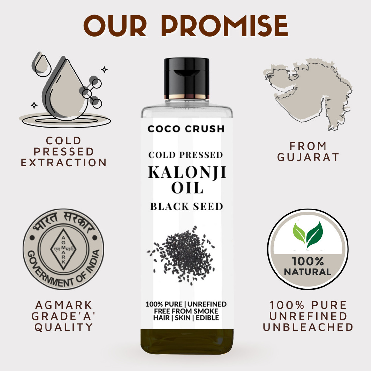 Image of COCO CRUSH Cold pressed Kalonji Black Seed Oil for Hair Growth | 100% Natural, Herbal Hair Oil