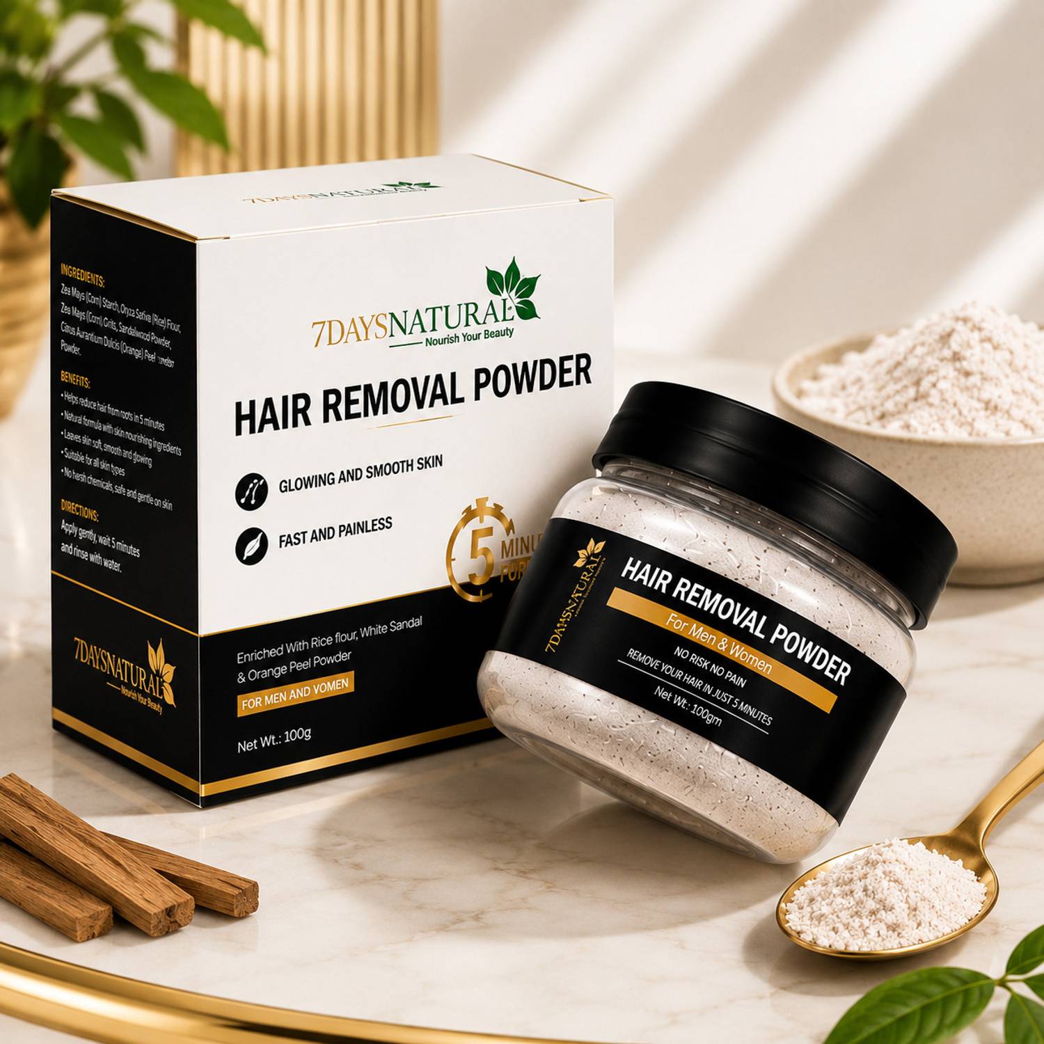 7days natural Hair Removal Powder - 5-7 painless Wax with Sandalwood, Orange peel powder Powder