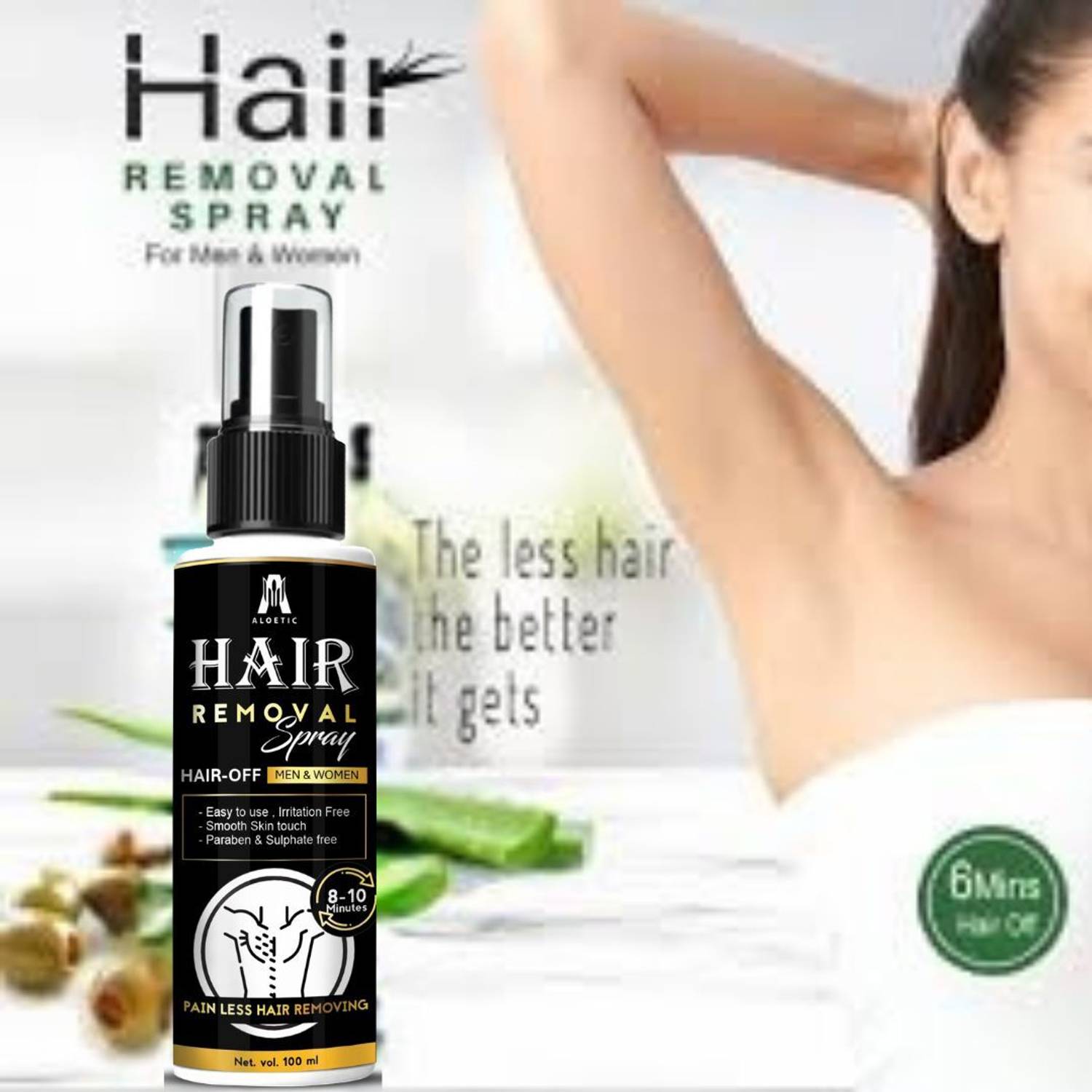 ALOETIC Hair Removal Spray for Womens Hand,Legs, Under Arms & Intimate Area Spray Spray