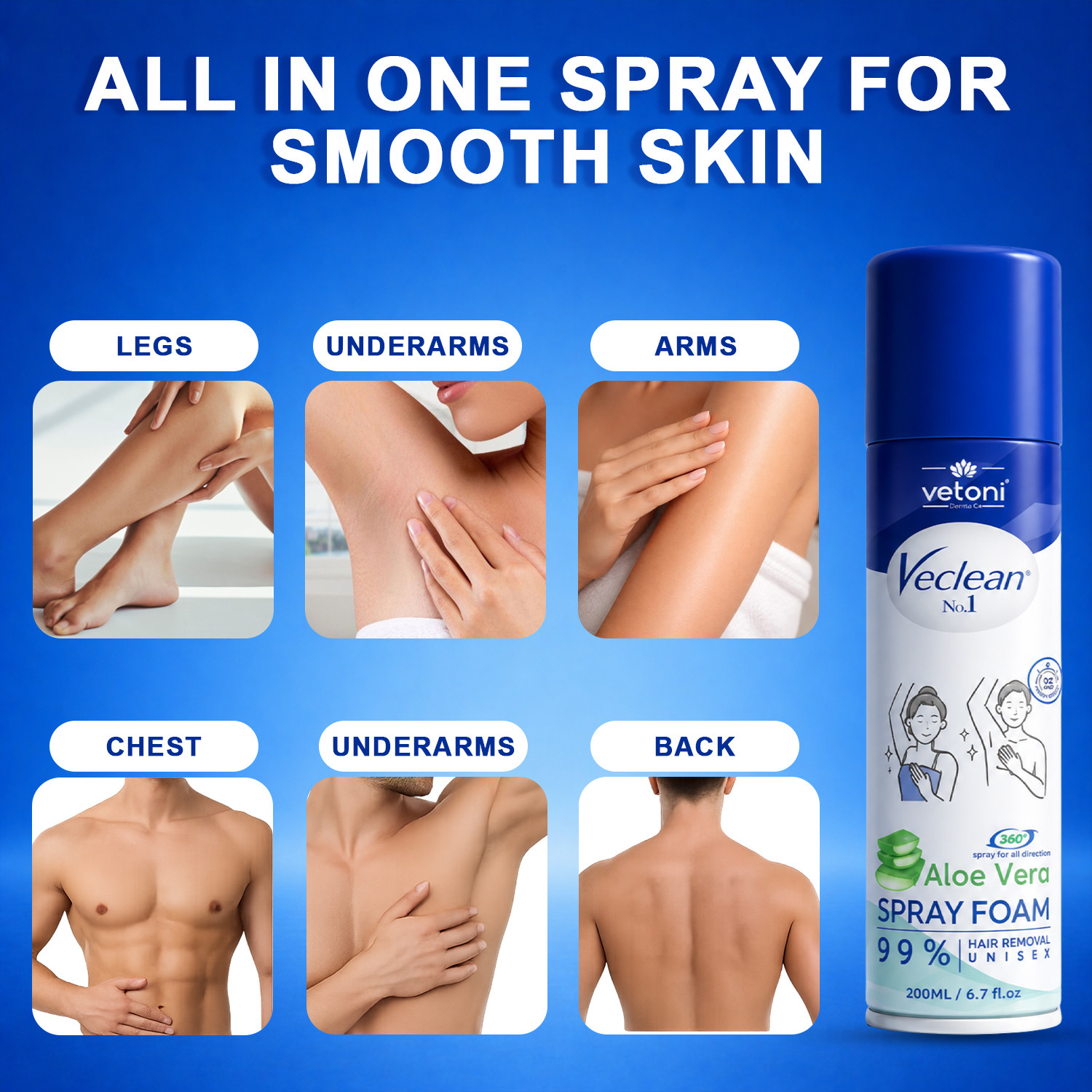 Image of VETONI VeClean Hair Removal Spray Foam Aloe Vera | Unisex | 99% Hair Removal Spray
