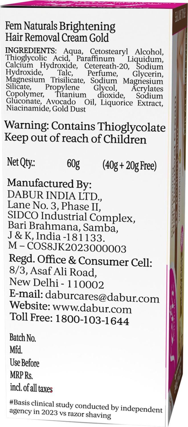 Image of Fem Fairness Naturals Gold Hair Removal Cream - 60g (40g + 20g) | For All Skin Type Cream