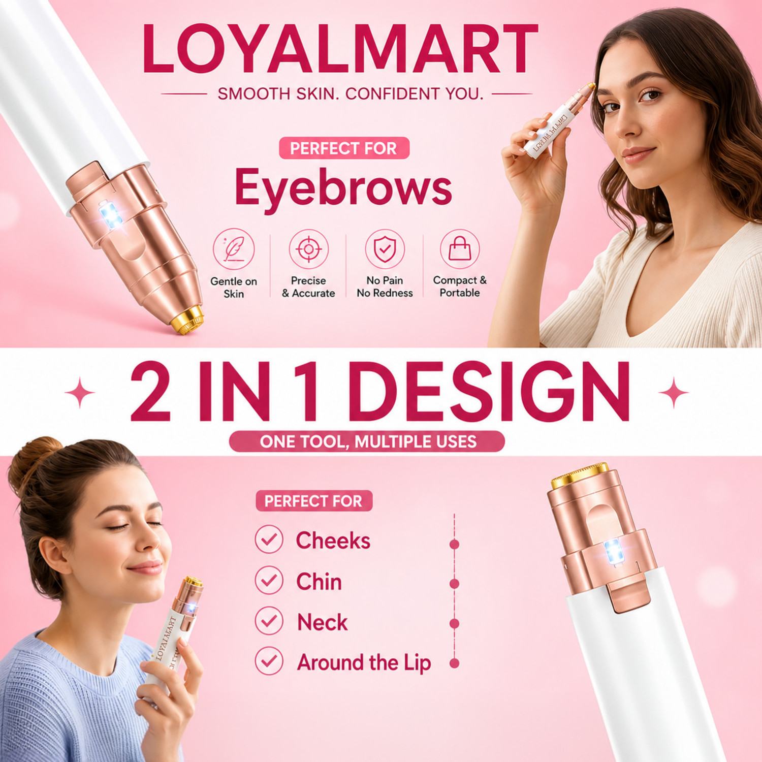 Image of Loyalmart 2 in 1 Rechargeable Painless Epilator for Women with Light and USB, Facial Hair Remover Trimmer, Eyebrow Trimmer, Upper Lip Shaver, Chin, Cheek, Nose and Face Hair Removal Tool, Electric Razor, Epilator, Hair Removal Machine for Women Cordless Epilator