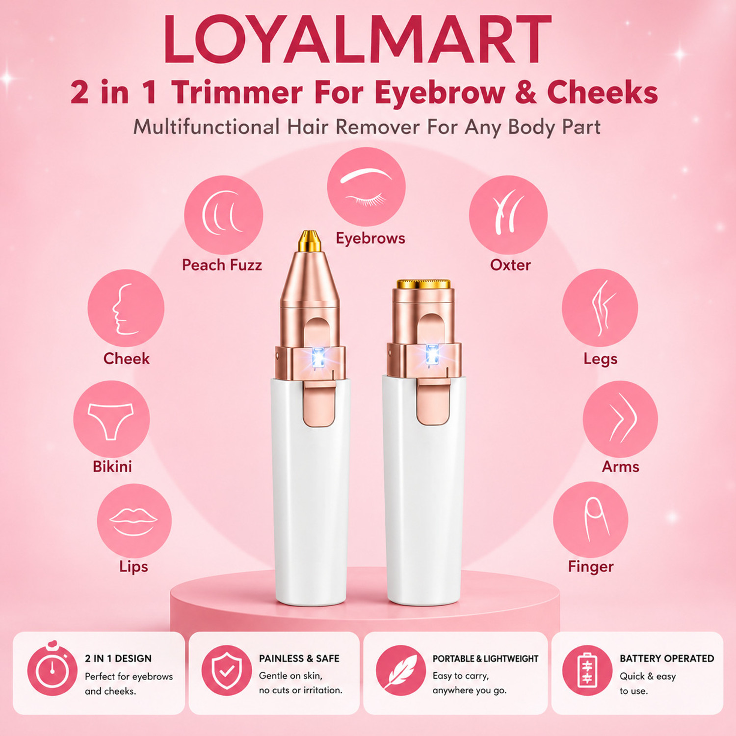 Image of Loyalmart 2 in 1 Rechargeable Painless Epilator for Women with Light and USB, Facial Hair Remover Trimmer, Eyebrow Trimmer, Upper Lip Shaver, Chin, Cheek, Nose and Face Hair Removal Tool, Electric Razor, Epilator, Hair Removal Machine for Women Cordless Epilator