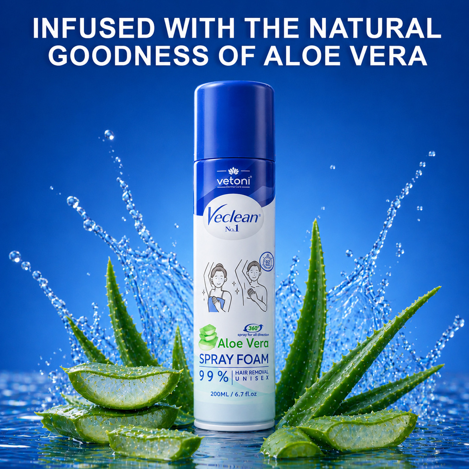 Image of VETONI VeClean Hair Removal Spray Foam Aloe Vera | Unisex | 99% Hair Removal Spray