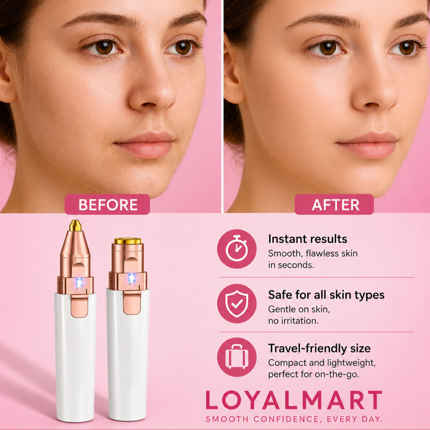 Image of Loyalmart 2 in 1 Rechargeable Painless Epilator for Women with Light and USB, Facial Hair Remover Trimmer, Eyebrow Trimmer, Upper Lip Shaver, Chin, Cheek, Nose and Face Hair Removal Tool, Electric Razor, Epilator, Hair Removal Machine for Women Cordless Epilator