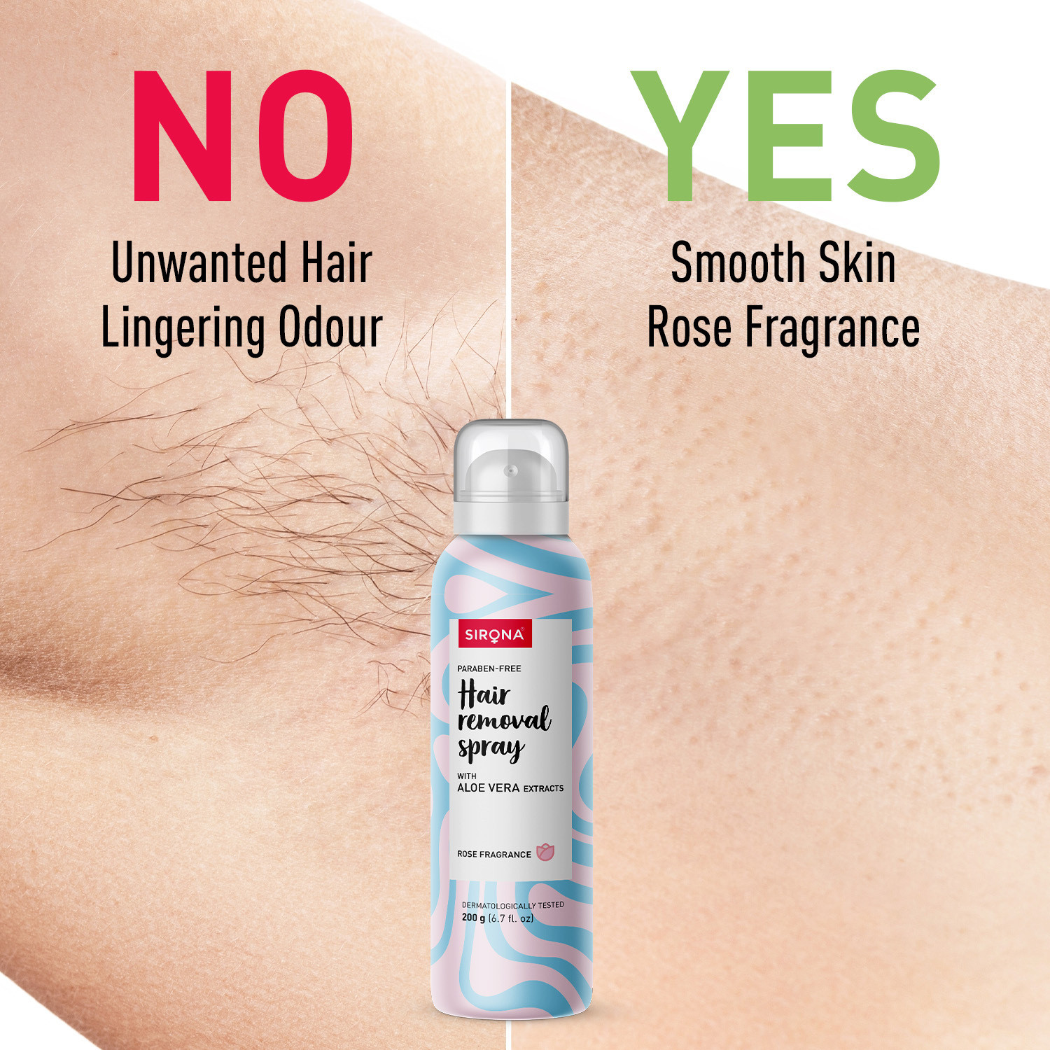 Image of SIRONA Hair Removal Spray with Aloe Vera & Rose Fragrance, 10-Min Action, Paraben-Free Spray