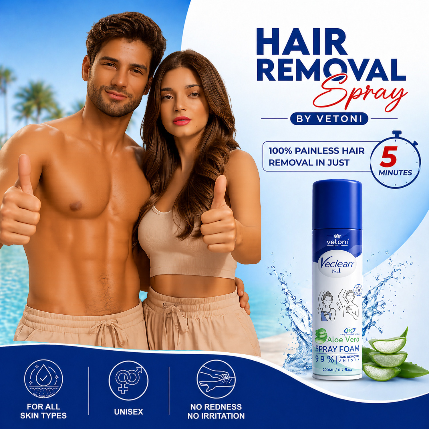 Image of VETONI VeClean Hair Removal Spray Foam Aloe Vera | Unisex | 99% Hair Removal Spray