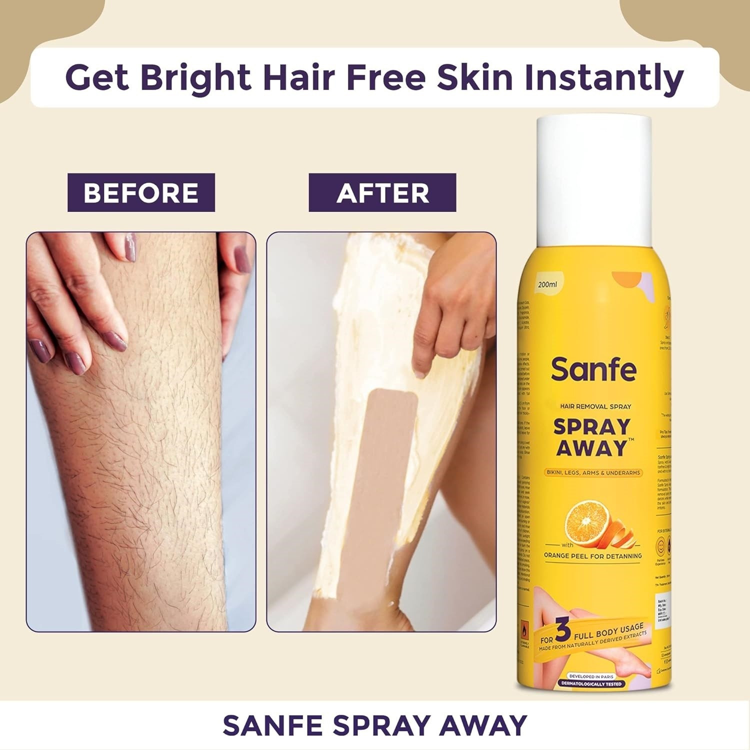 Image of Sanfe Painless & Detan Hair Removal Cream For Legs Chest Underarm & Arms Odour Free Spray