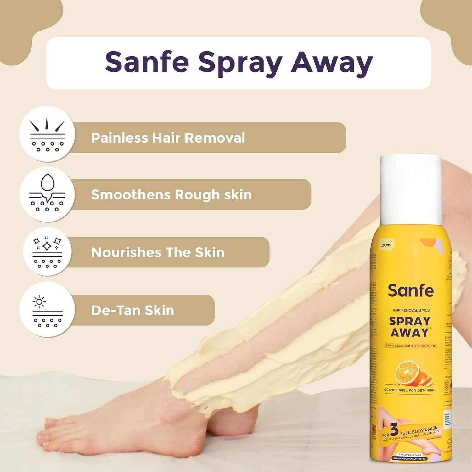 Image of Sanfe Painless & Detan Hair Removal Cream For Legs Chest Underarm & Arms Odour Free Spray