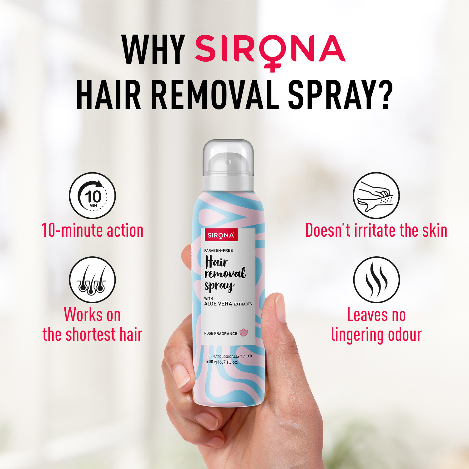 Image of SIRONA Hair Removal Spray with Aloe Vera & Rose Fragrance, 10-Min Action, Paraben-Free Spray