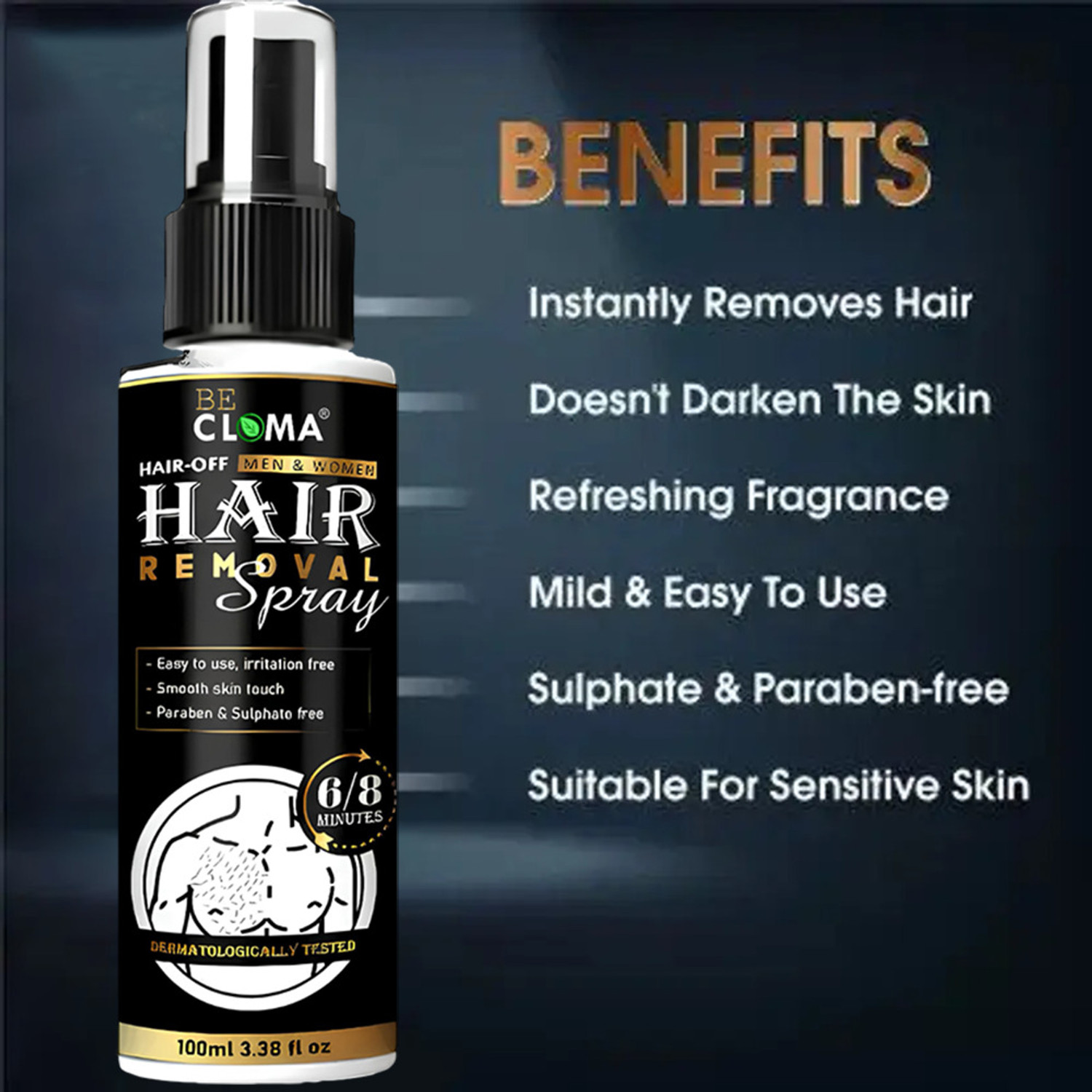Image of Becloma Hair Removal Spray for Sensitive Skin | Quick Painless Body Clean Spray Spray