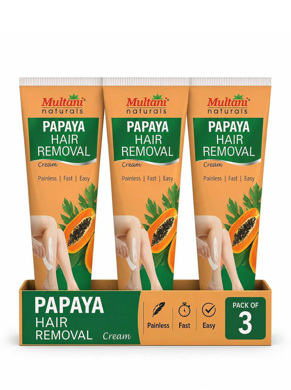 Image of Multani Naturals Papaya Hair Removal Cream (Pack of 3) | Painless & Easy Hair Removal - Cream
