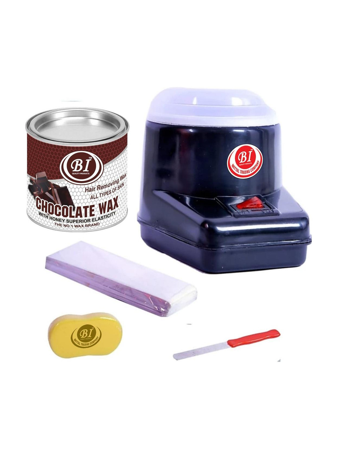 Image of BI - QUALITY PRODUCT THE CHOCHOLATE WAX COMBO WITH 600G CHOCHOLATE WAX, 1 BLACK WAX HEATER, 70 WAX STRIPS, 1 WAX KNIFE, 1 BATH SPONGE Wax (600 g, Set of 5)