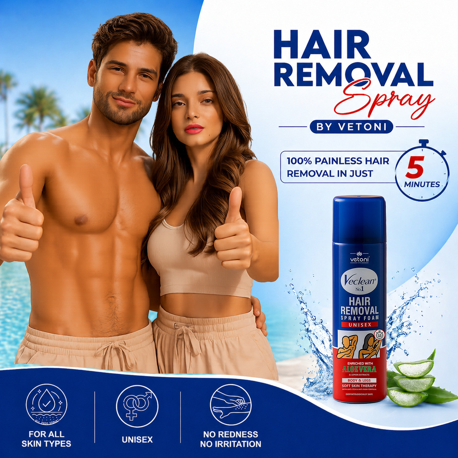 Image of VETONI Painless Hair Removal Spray Foam for Men and Women, Blue /Red Spray