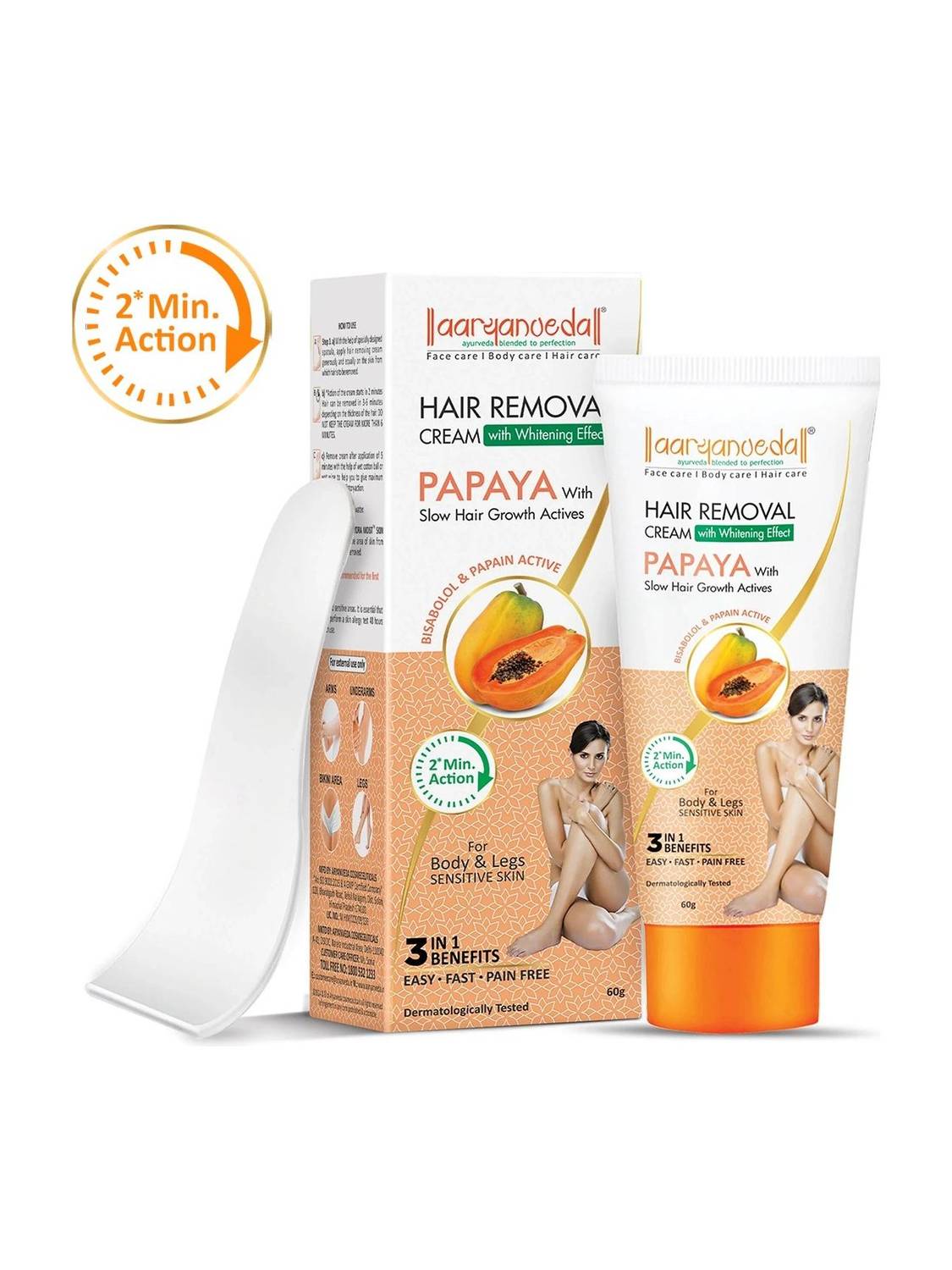 Aaryanveda Hair Removal Cream with Whitening Effect Papaya Hair Remover with 2 Min. Formula Cream