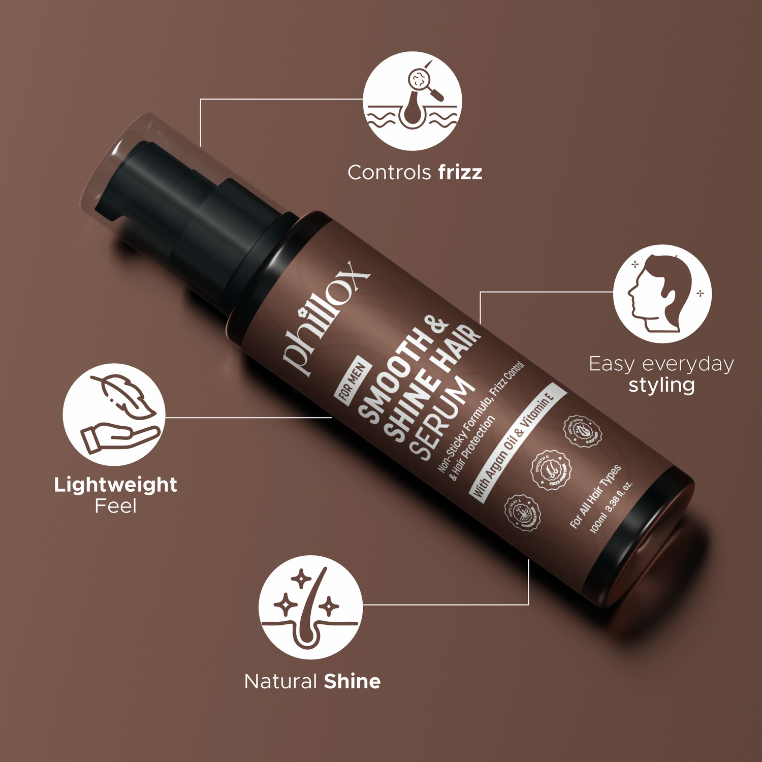 Image of Phillox Smooth & Shine Hair Serum For Men | Argan Oil & Vitamin E | Non Sticky Finish