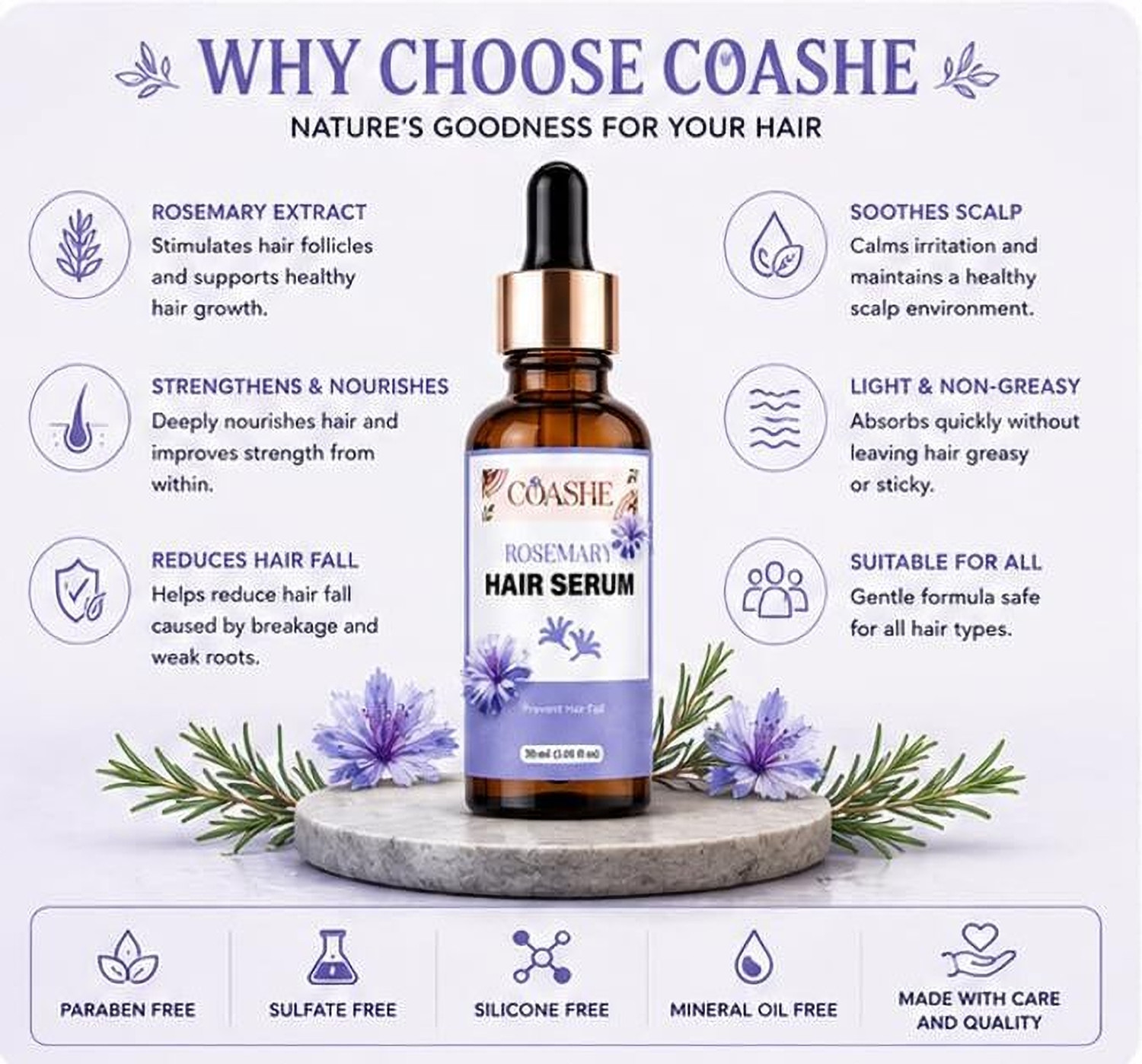 Image of coashe Rosemary Hair Serum for Men & Women | Lightweight Hair & Scalp Serum | 30 ml