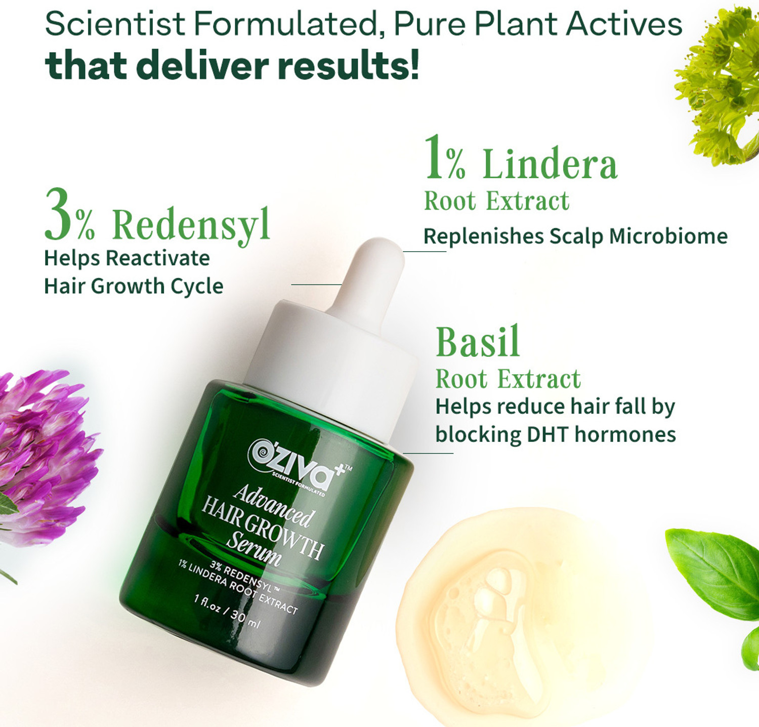 Image of OZiva Advanced Hair Growth Serum 3% Redensyl, 1% Lindera Root | Scalp & Regrowth