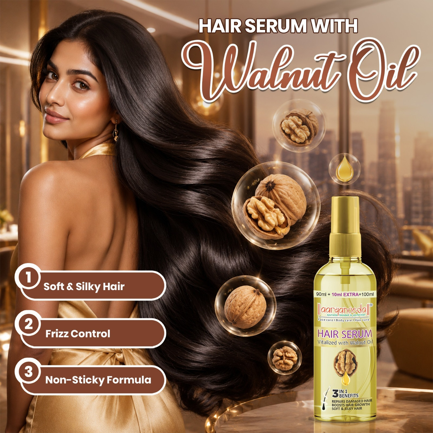 Image of Aaryanveda Vitalized with Walnut Oil Hair Serum for Women Strong Soft & Silky (100 ml)