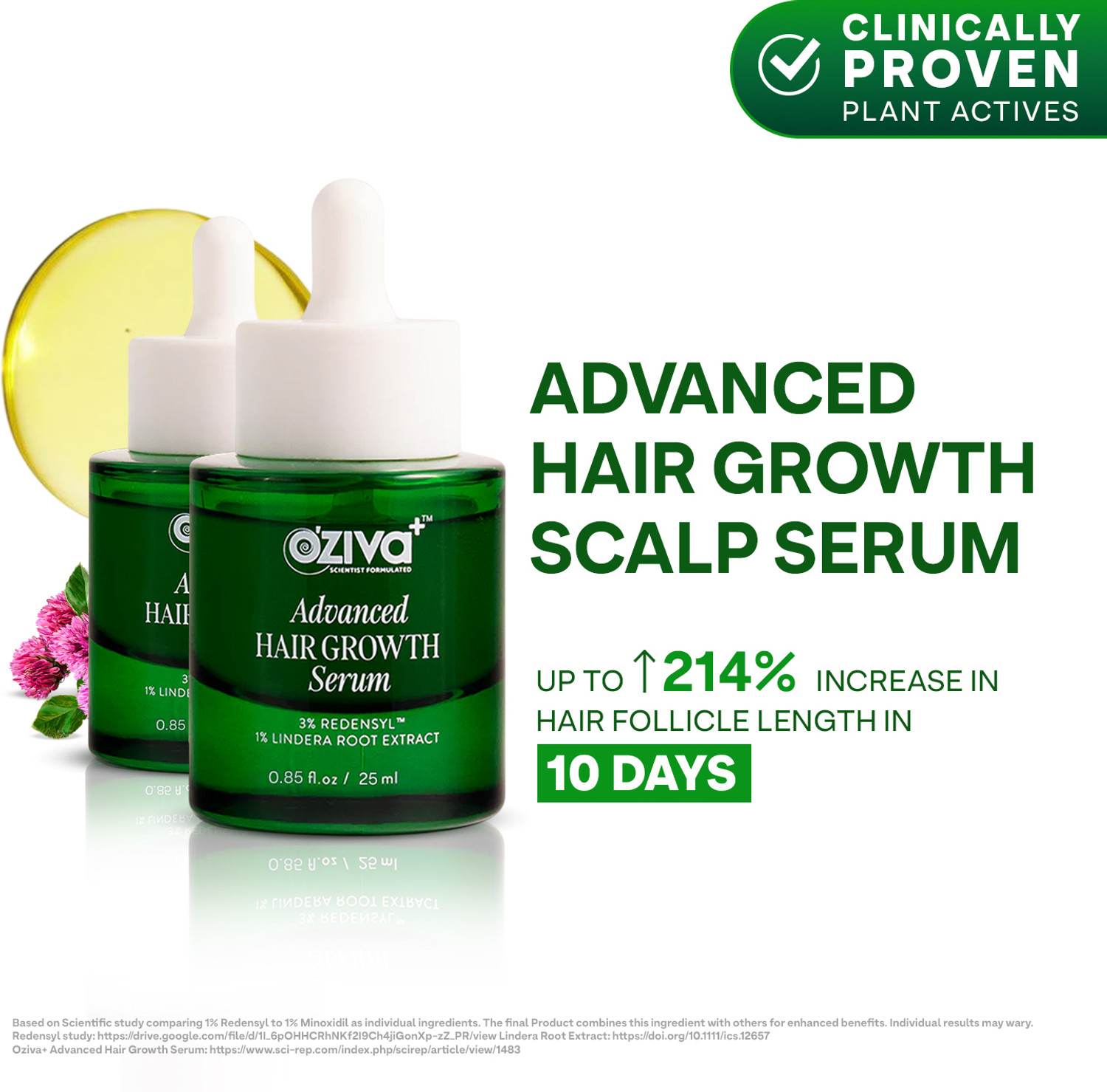 Image of OZiva Advanced Hair Growth Serum 3% Redensyl, 1% Lindera Root | Scalp & Regrowth