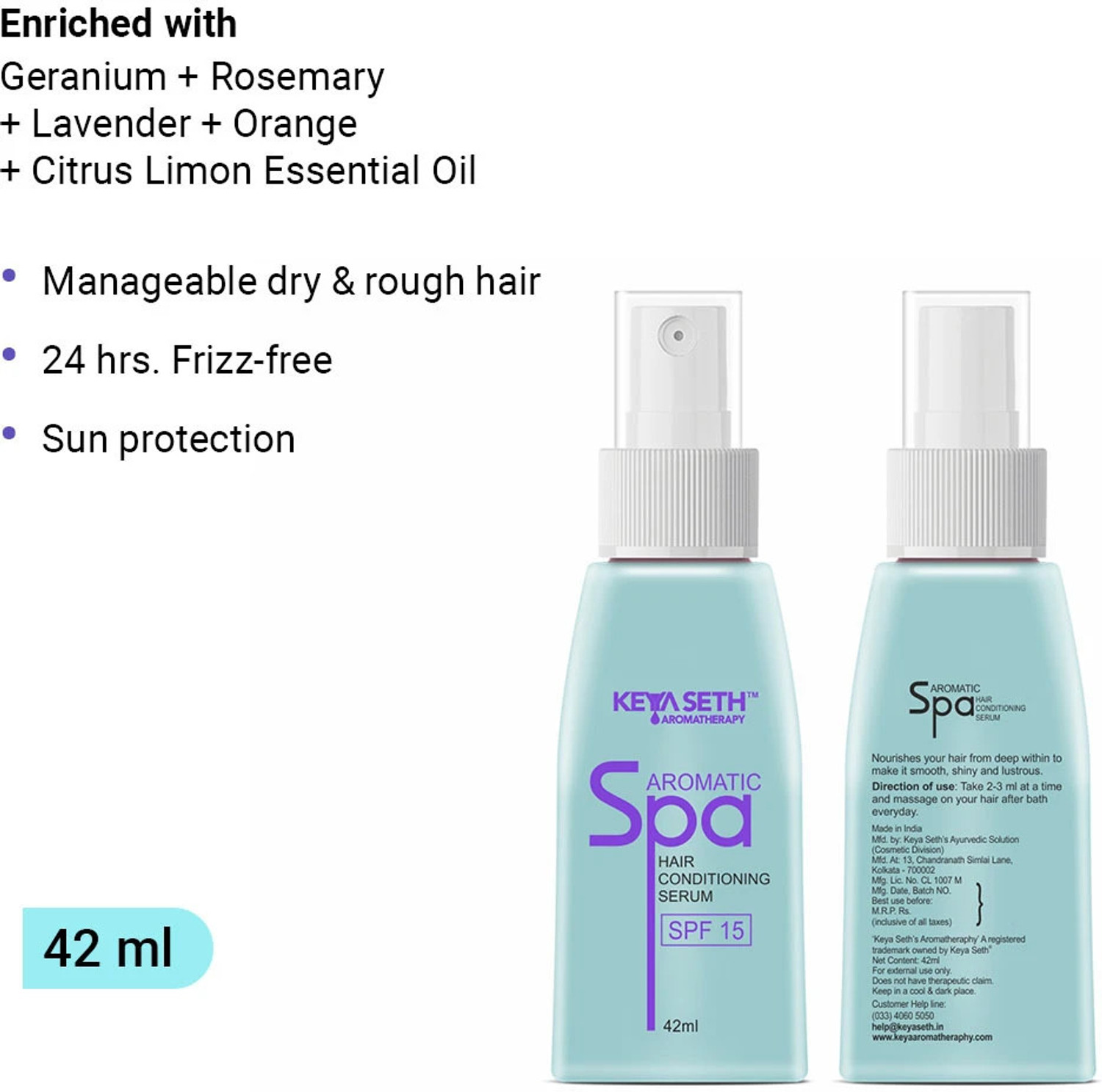 Image of KEYA SETH AROMATHERAPY Aromatic Spa Hair Conditions Serum SPF 15-for Dry, Rough Hair for 24-hour Frizz-free Sun Protection & Manageable Hair with Pure Essential Oil & Geranium