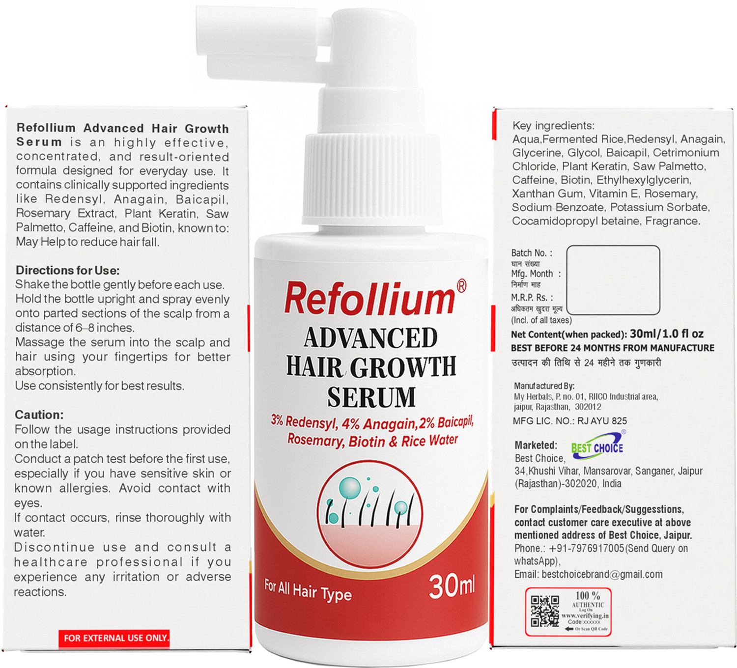 Image of Refollium Advanced Hair Growth Serum 3% Redensyl, 4% Anagain | Scalp & Regrowth (30 ml)