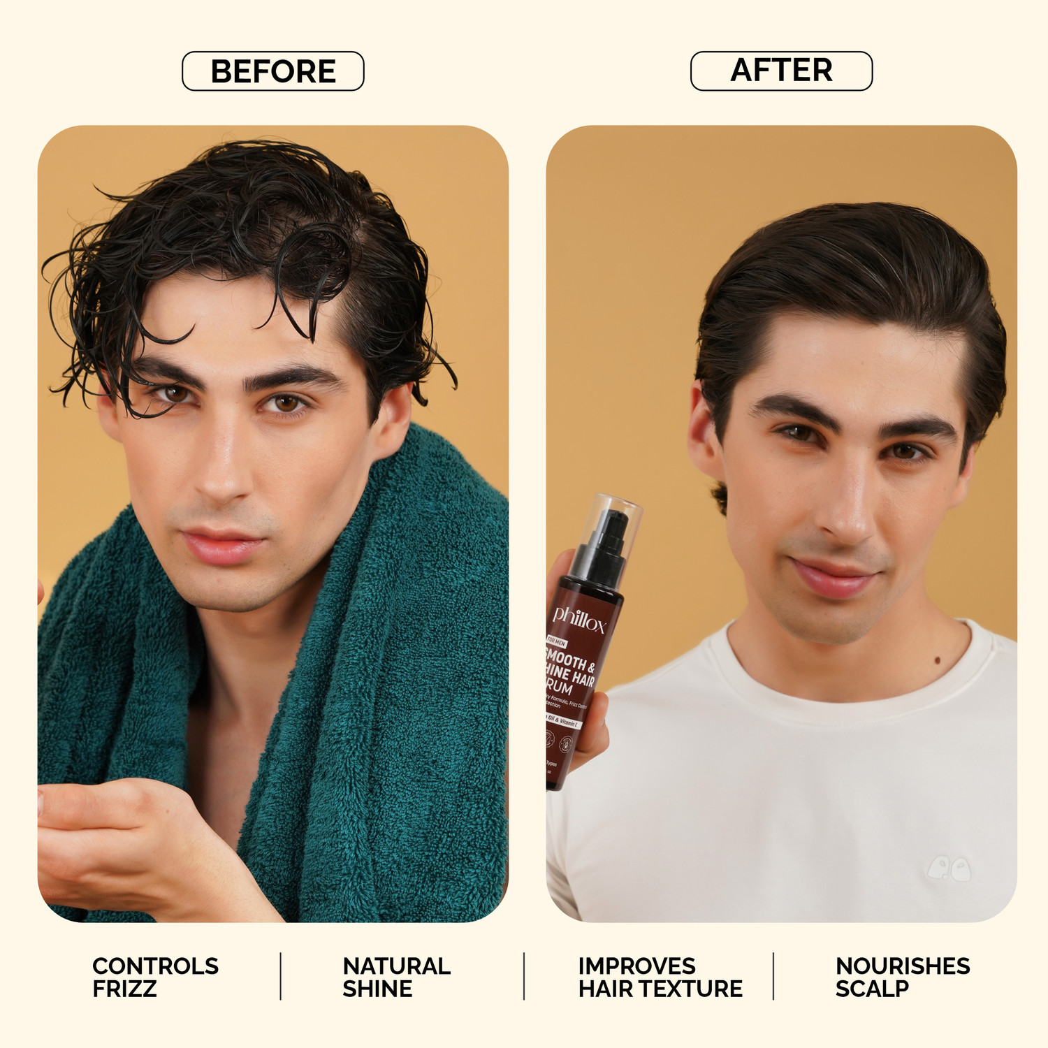 Image of Phillox Smooth & Shine Hair Serum For Men | Argan Oil & Vitamin E | Non Sticky Finish