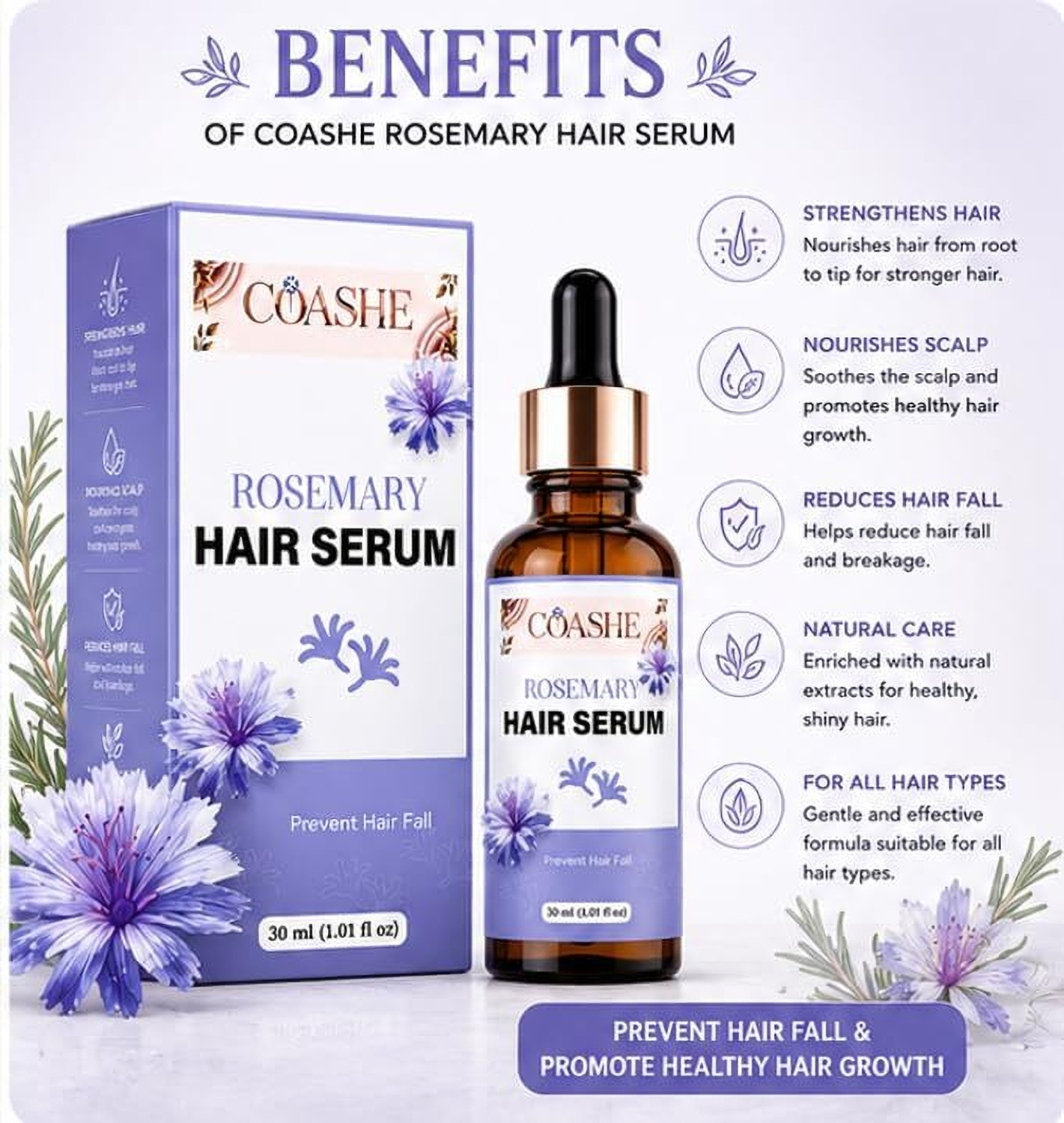 Image of coashe Rosemary Hair Serum for Men & Women | Lightweight Hair & Scalp Serum | 30 ml