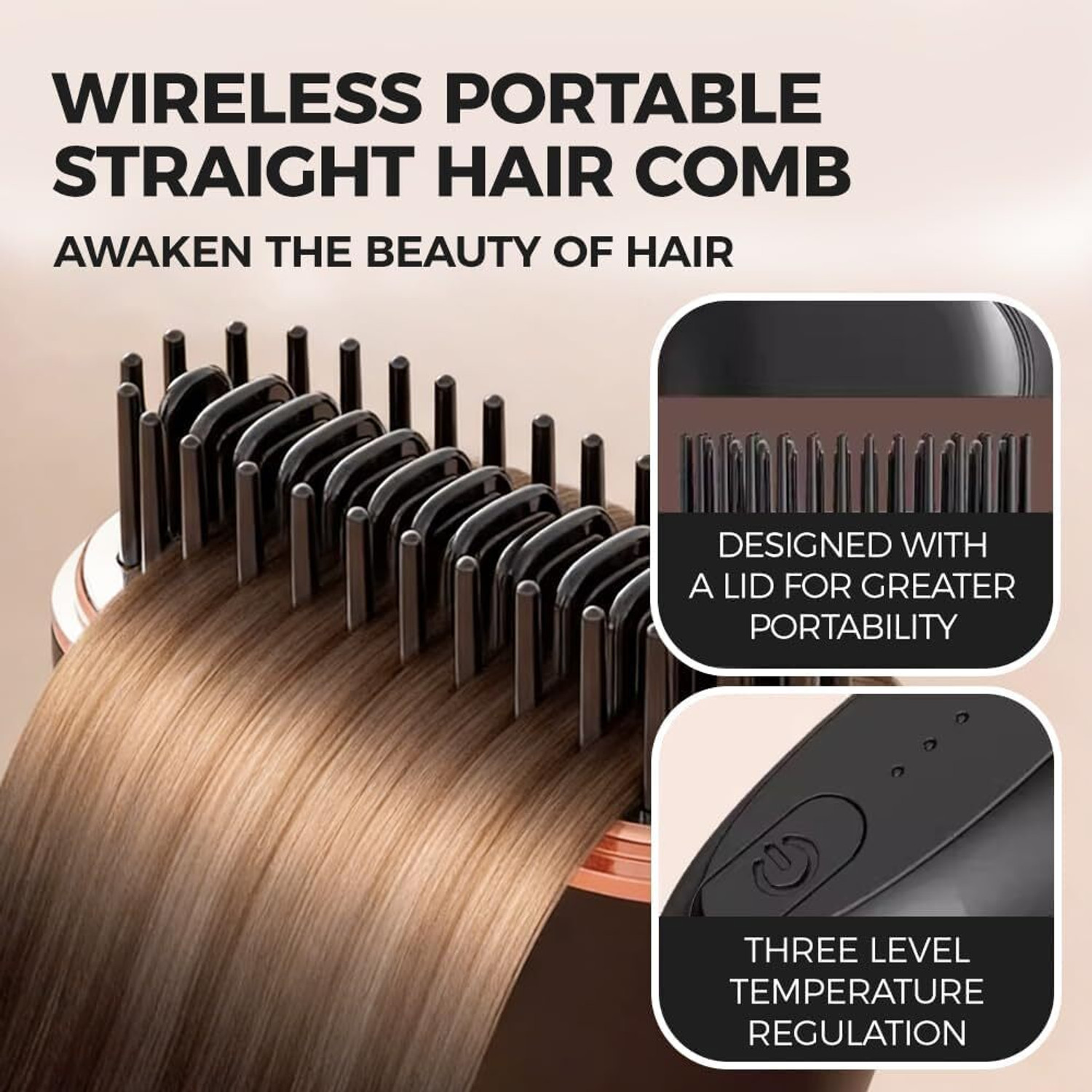 Image of PRMT Straight Hair Comb Comb Mini Cordless Ionic Hot Comb Mini Cordless Hair Straightener Comb USB Rechargeable Styler Black Pack of 1 Hair Straightener Brush (Black)