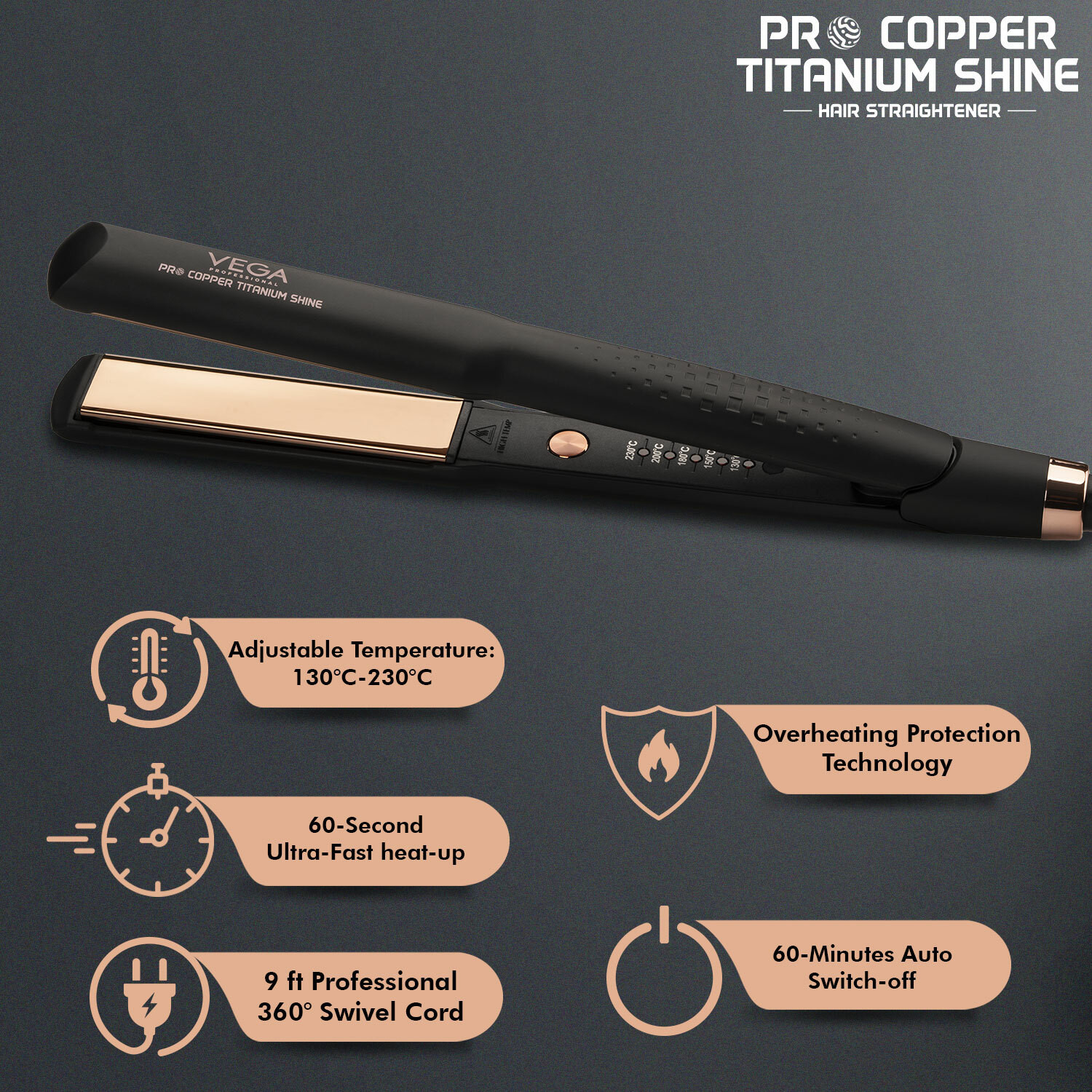 Image of Vega Professional Pro Copper Titanium Shine with Copper Titanium 3D Floating Plates (VPMHS-07) VPMHS-07 Hair Straightener