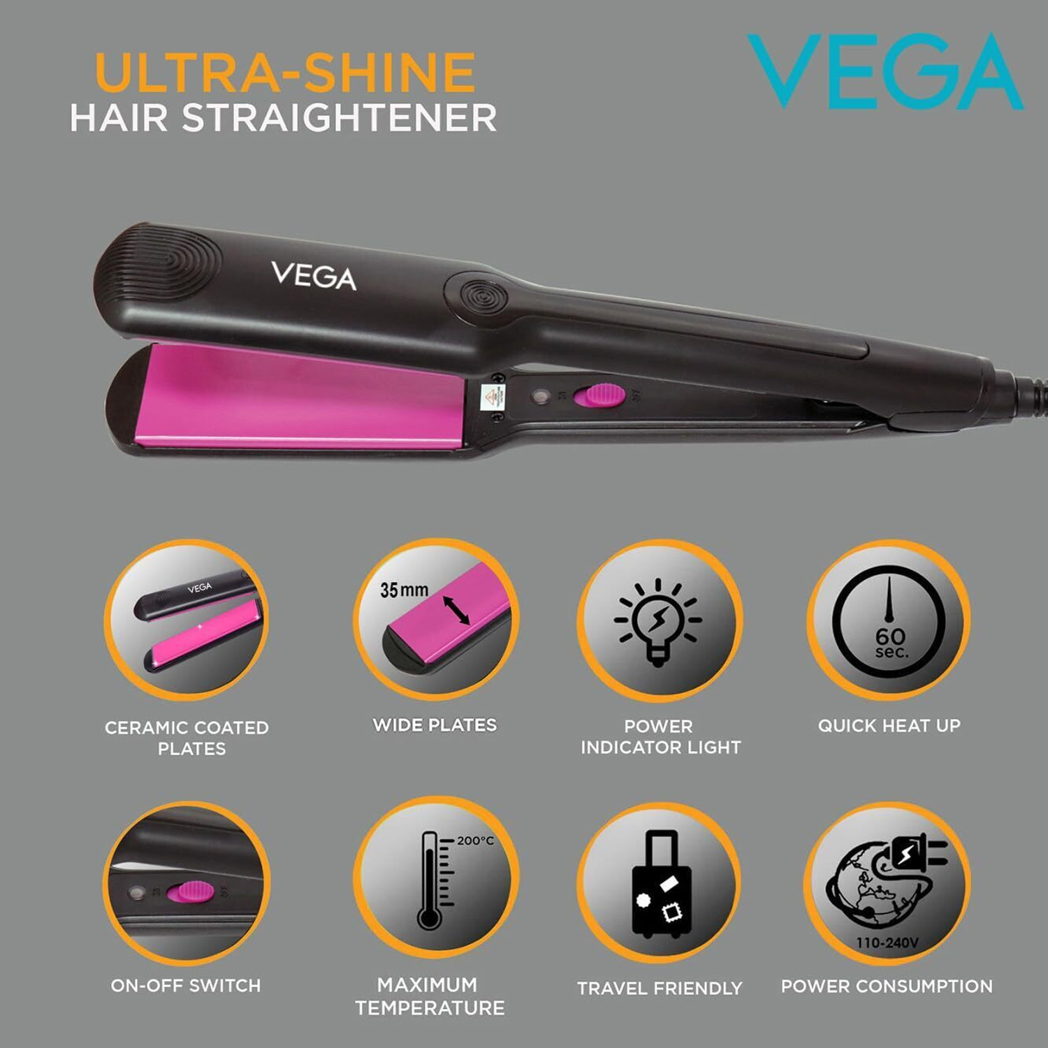 Image of VEGA Ultra Shine with Wide Ceramic Coated Plates & Quick Heat Up VHSH-25 Hair Straightener