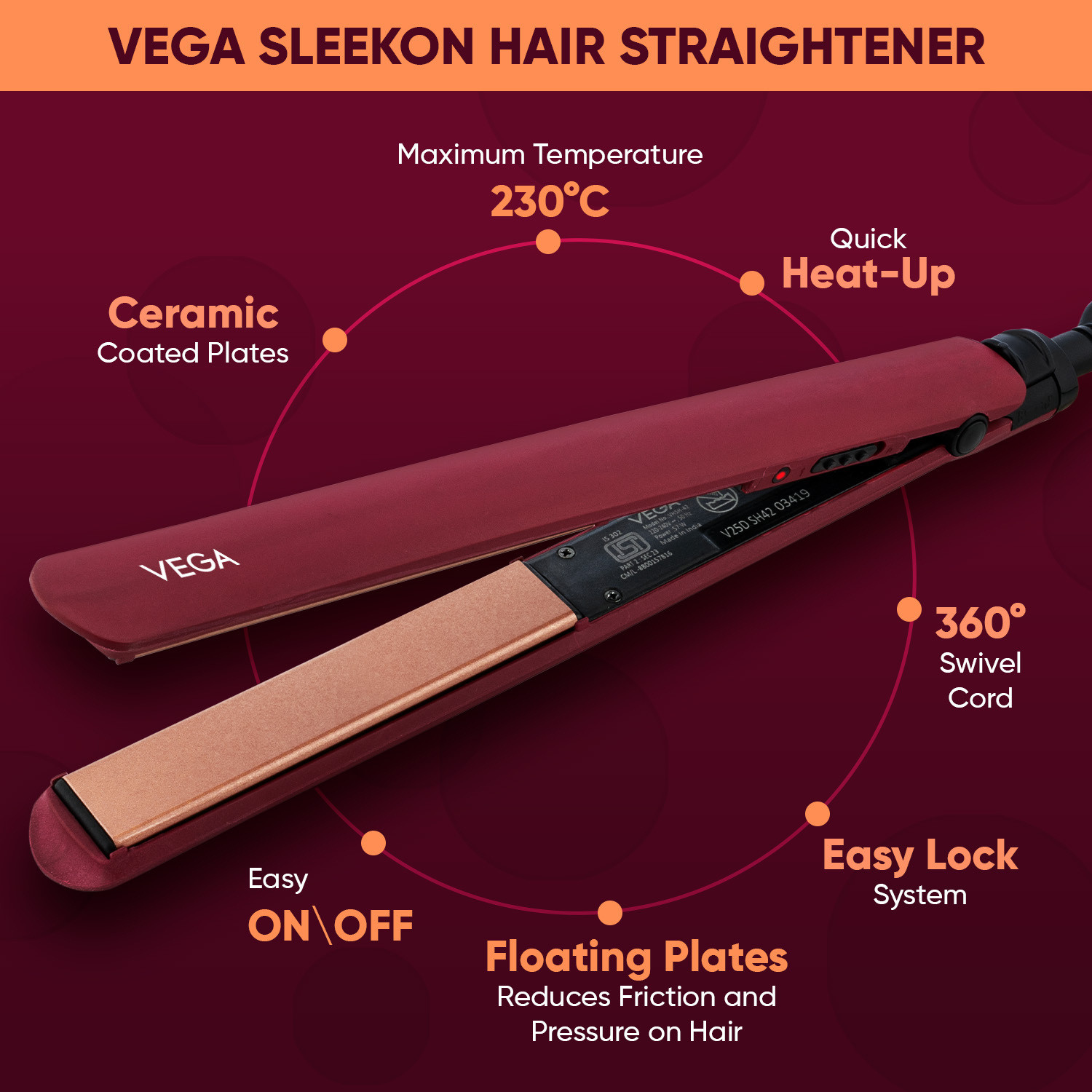 Image of VEGA Ceramic SleekOn Hair Straightener for Women with Quick Heat up & Travel Lock, (VHSH-44) Hair Straightener